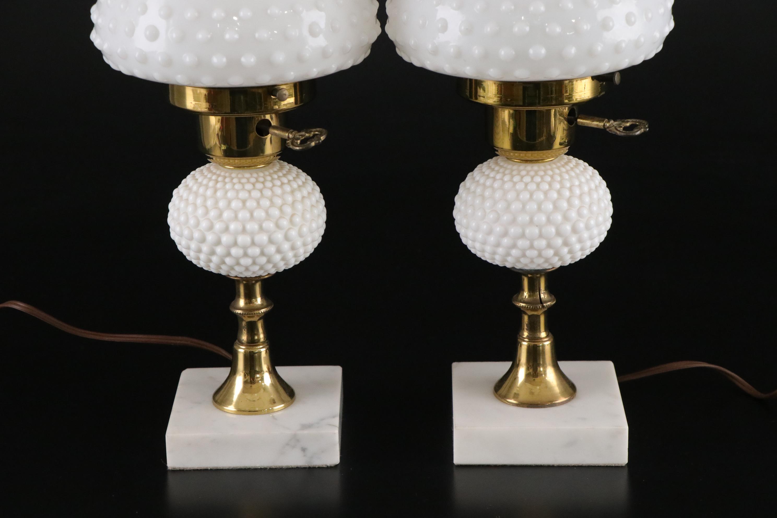 Pair of Milk Glass Dresser Lamps on Marble Bases, Mid to Late 20th Century