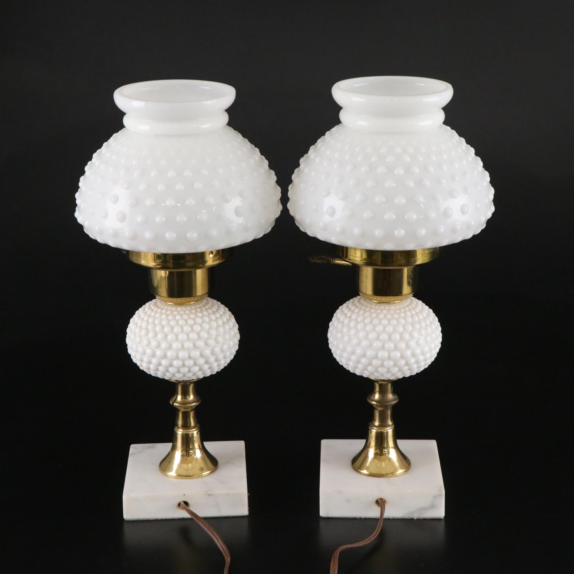 Pair of Milk Glass Dresser Lamps on Marble Bases, Mid to Late 20th Century