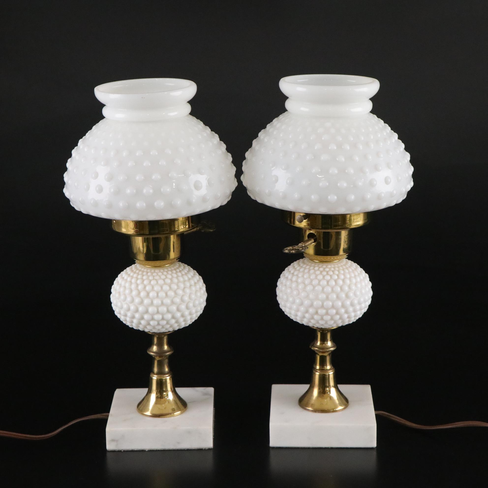 Pair of Milk Glass Dresser Lamps on Marble Bases, Mid to Late 20th Century