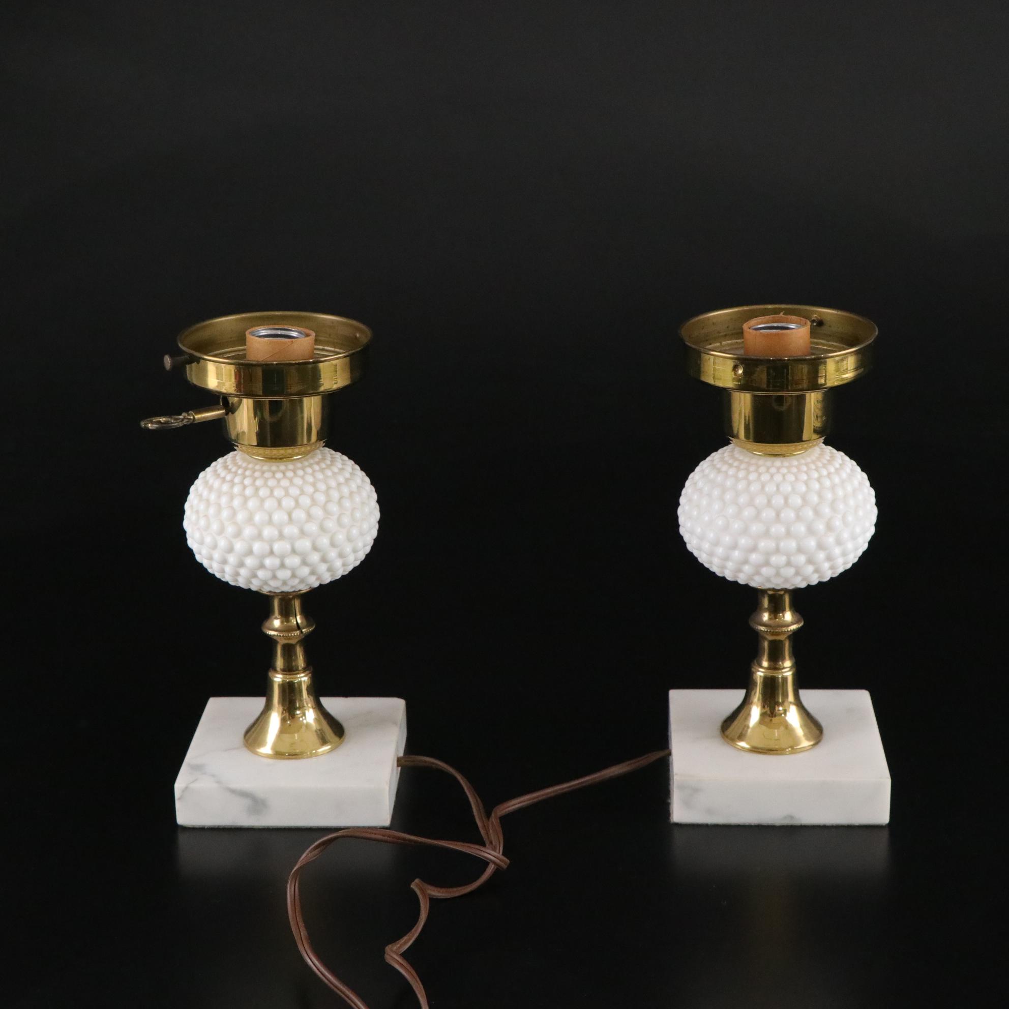 Pair of Milk Glass Dresser Lamps on Marble Bases, Mid to Late 20th Century