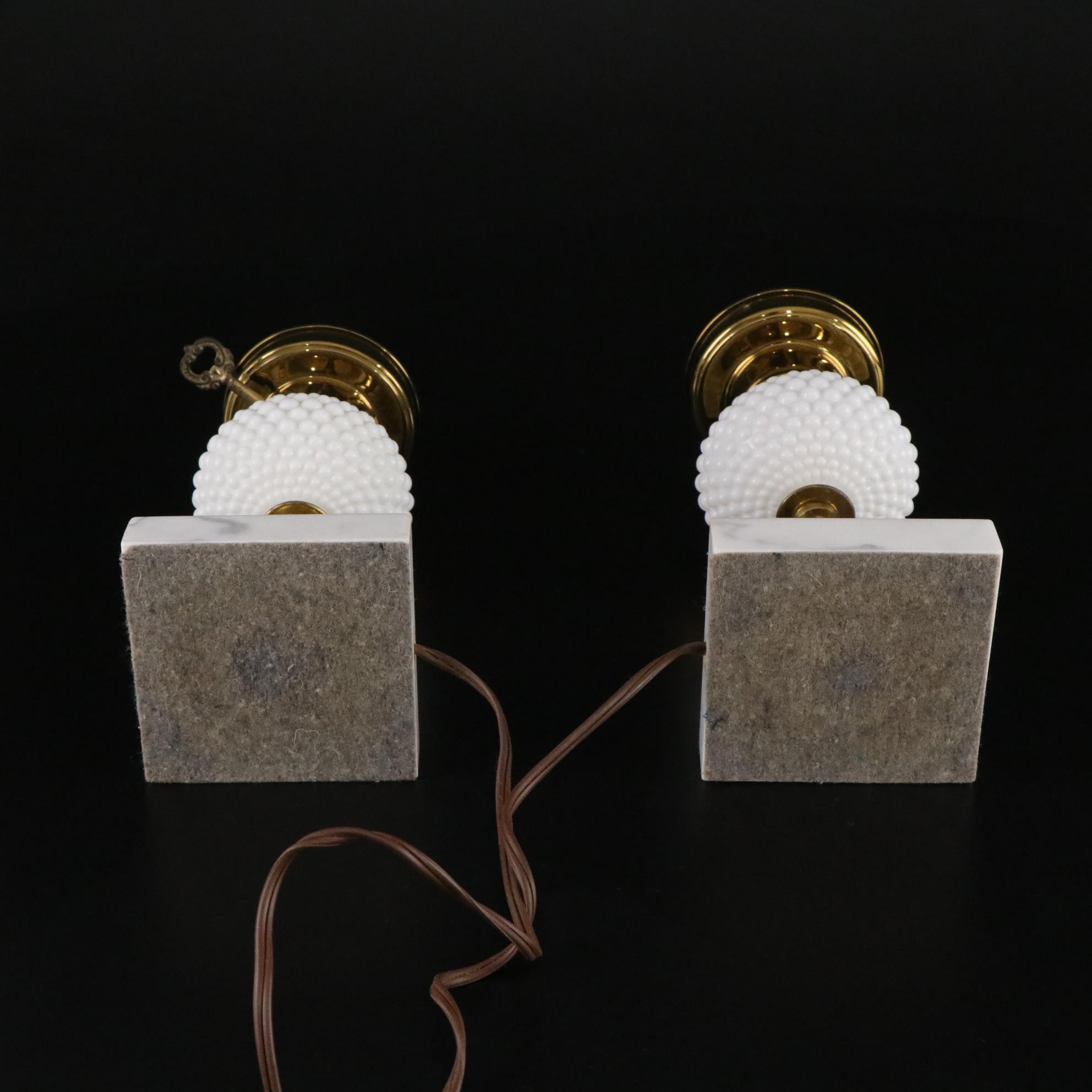 Pair of Milk Glass Dresser Lamps on Marble Bases, Mid to Late 20th Century