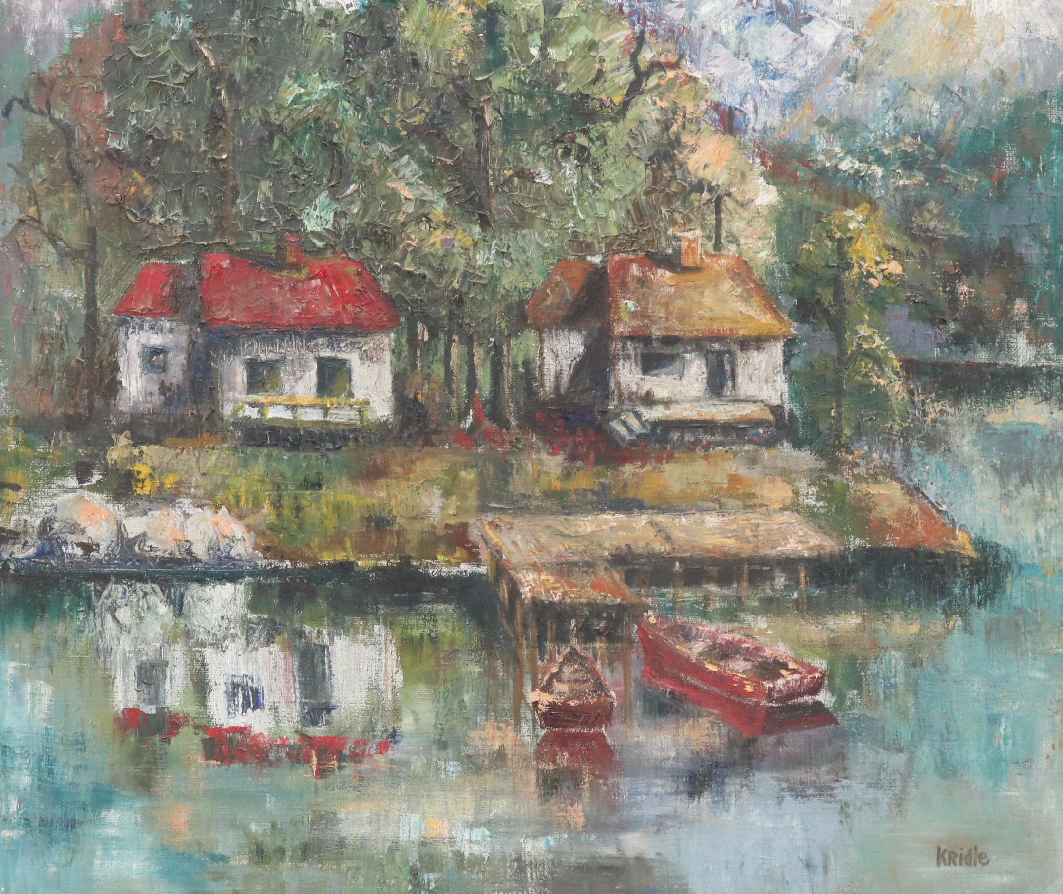 Marilyn Cramer Modern Dock Scene Oil Painting, Mid-Late 20th Century