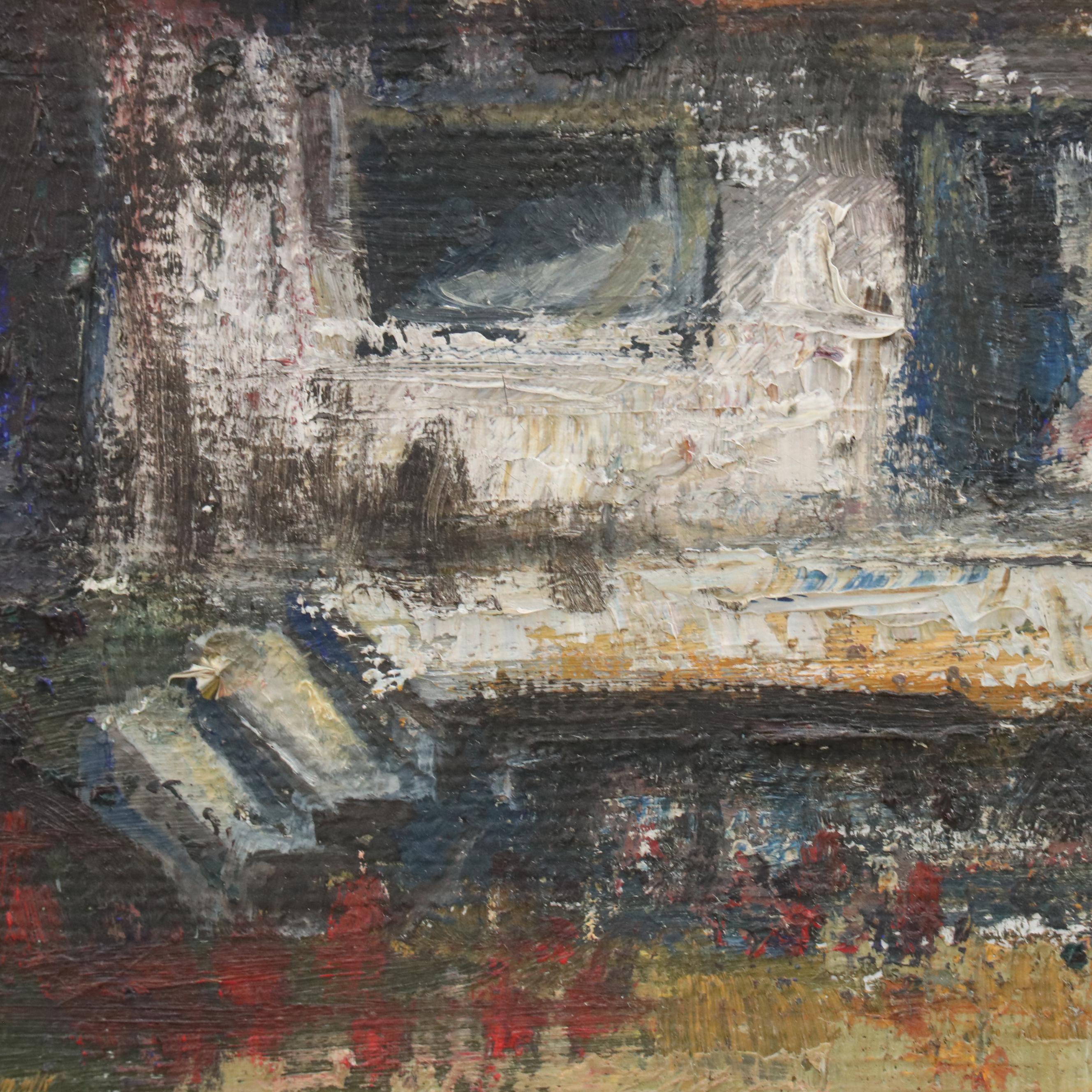 Marilyn Cramer Modern Dock Scene Oil Painting, Mid-Late 20th Century