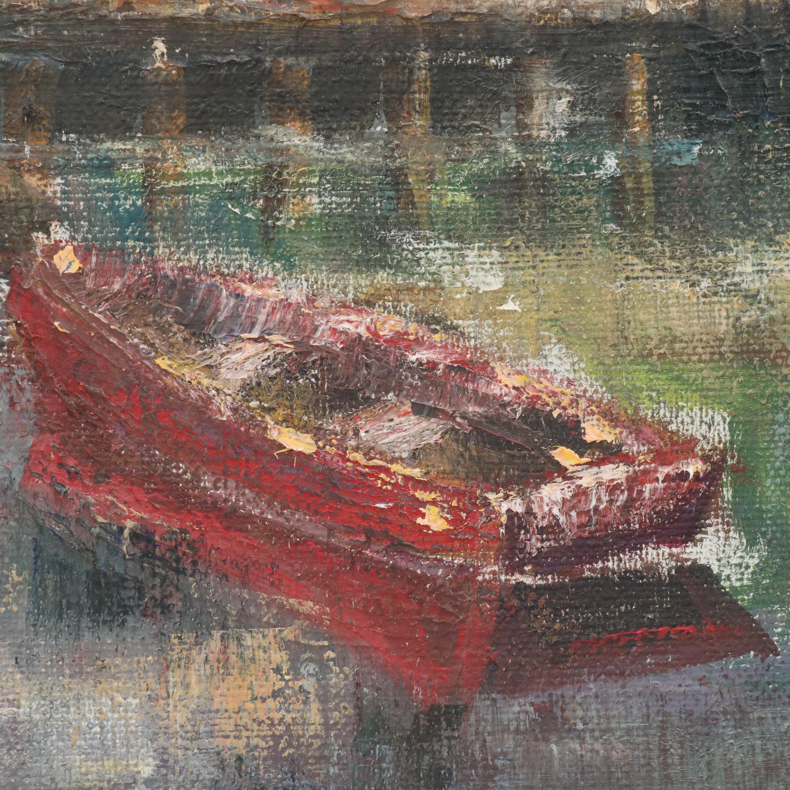 Marilyn Cramer Modern Dock Scene Oil Painting, Mid-Late 20th Century