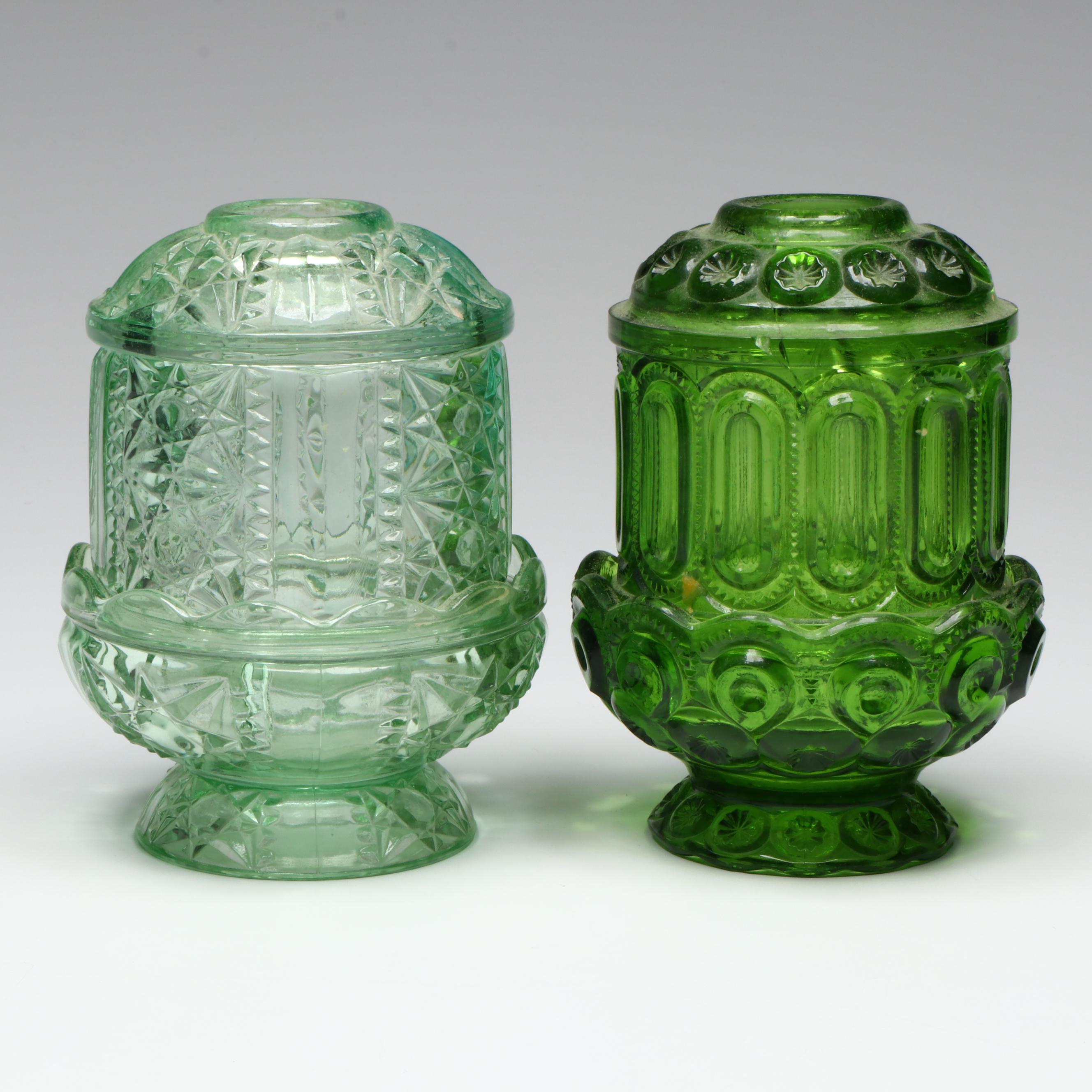L.E. Smith "Moon and Stars" and Indiana "Stars and Bars" Green Glass Fairy Lamps