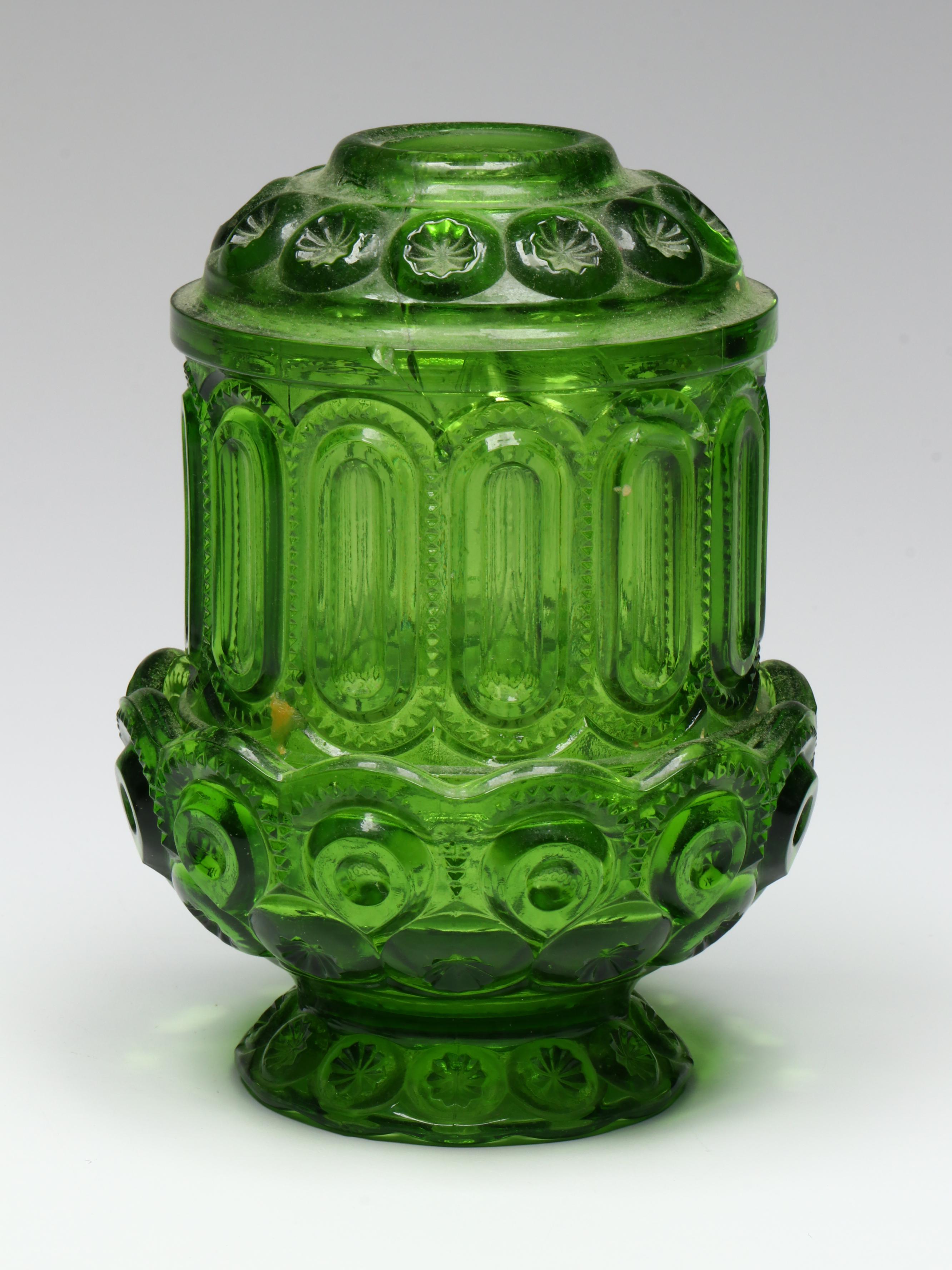 L.E. Smith "Moon and Stars" and Indiana "Stars and Bars" Green Glass Fairy Lamps