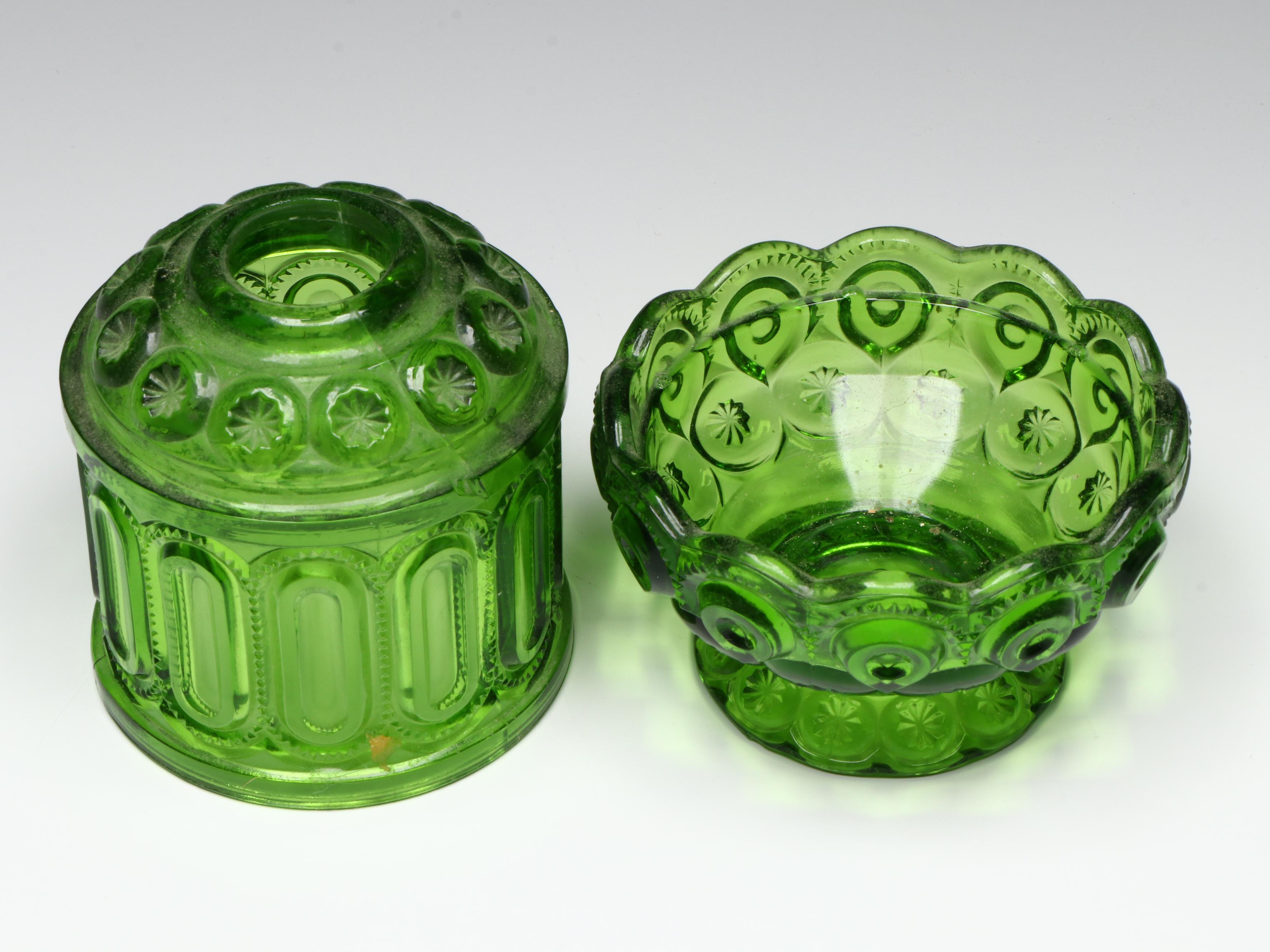 L.E. Smith "Moon and Stars" and Indiana "Stars and Bars" Green Glass Fairy Lamps