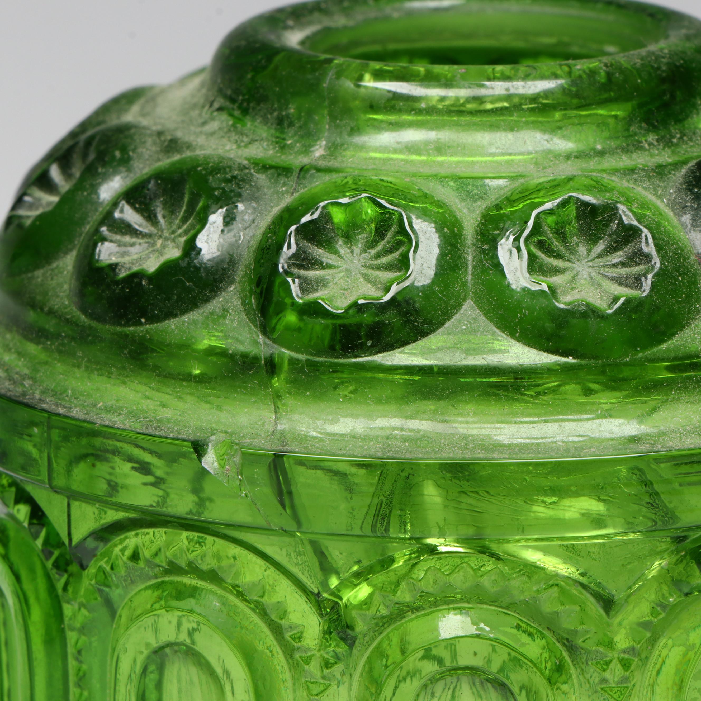 L.E. Smith "Moon and Stars" and Indiana "Stars and Bars" Green Glass Fairy Lamps