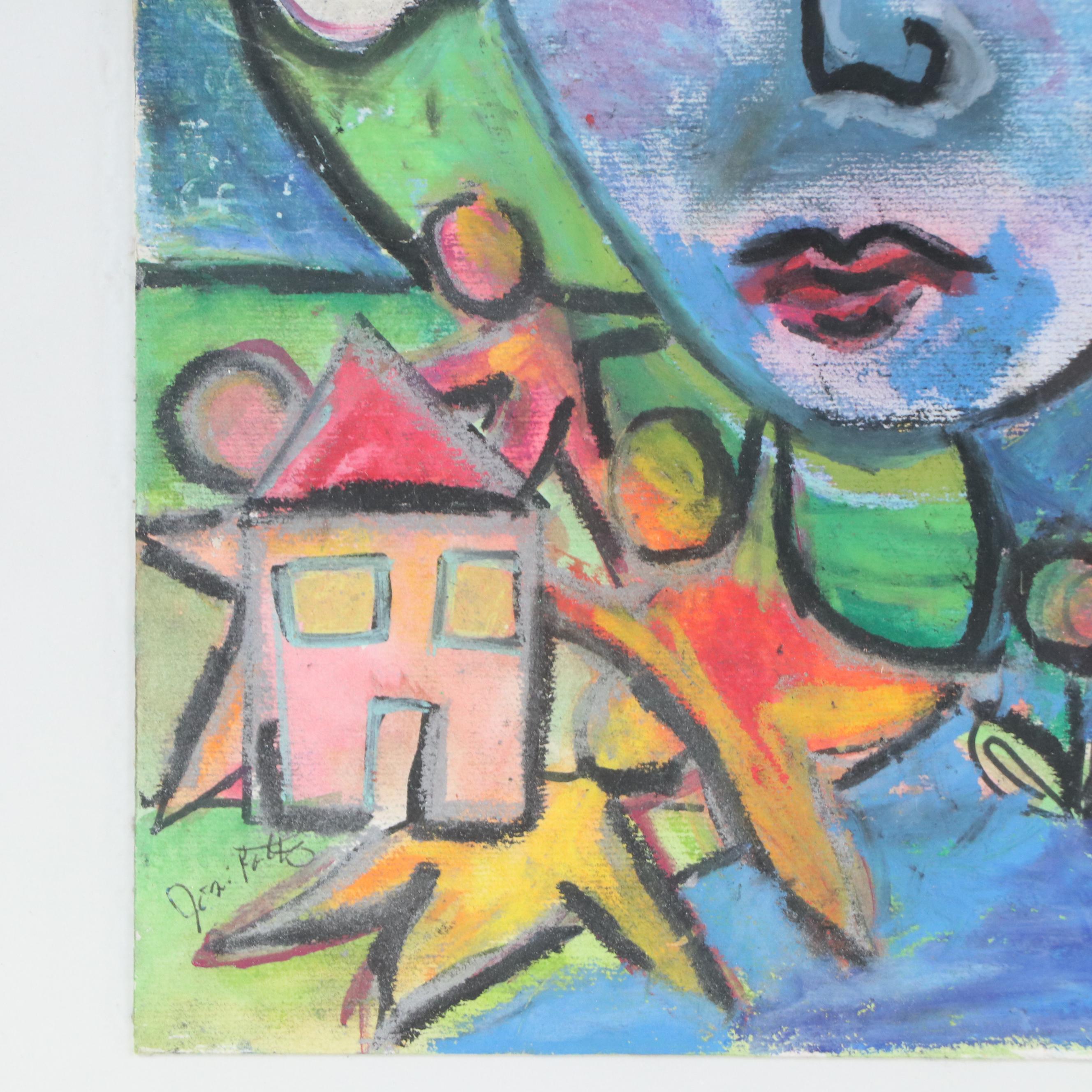 Josi Potts Figural Modernist Oil Pastel Portrait Drawing