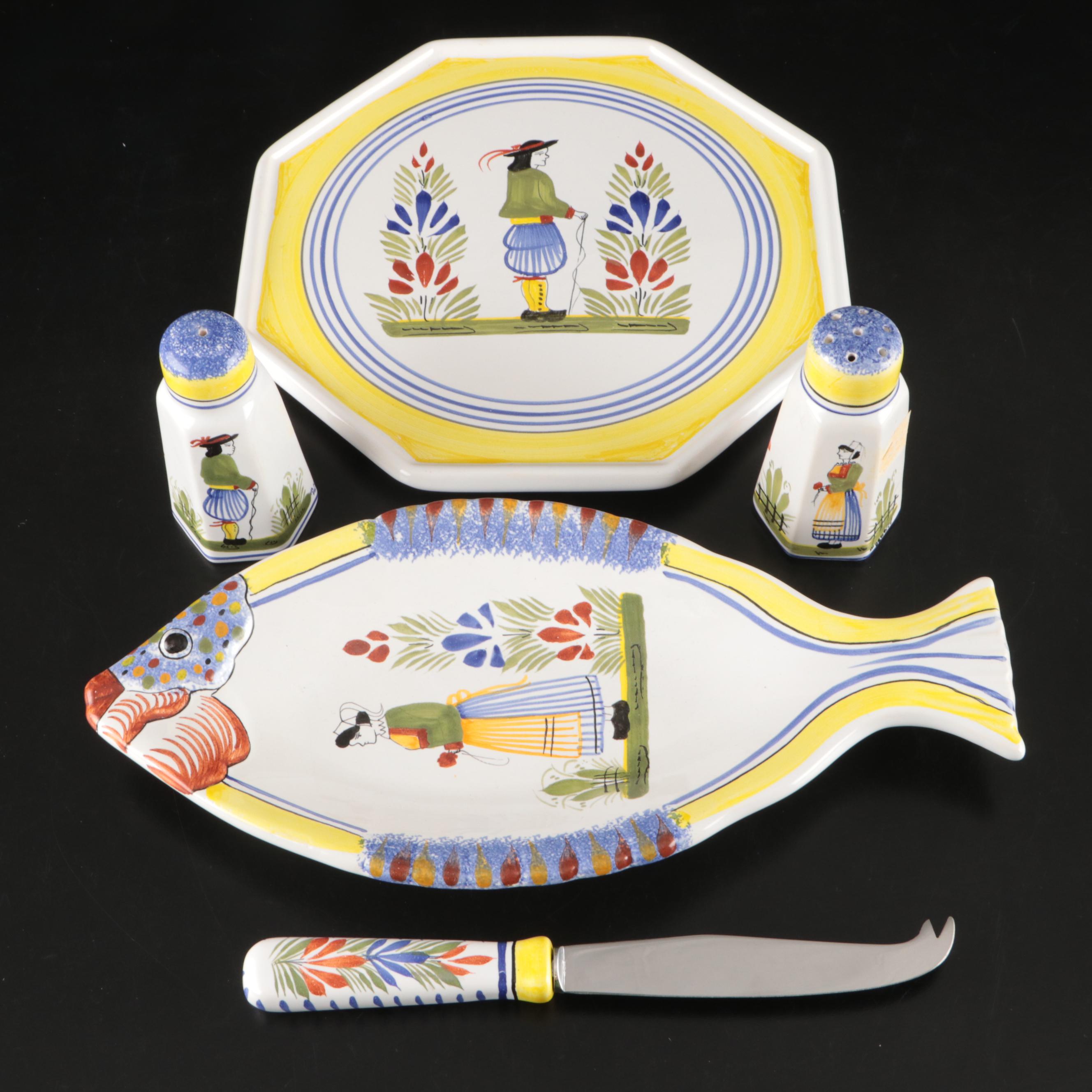 Henriot Quimper Faience Fish Shaped Dish and Table Accessories