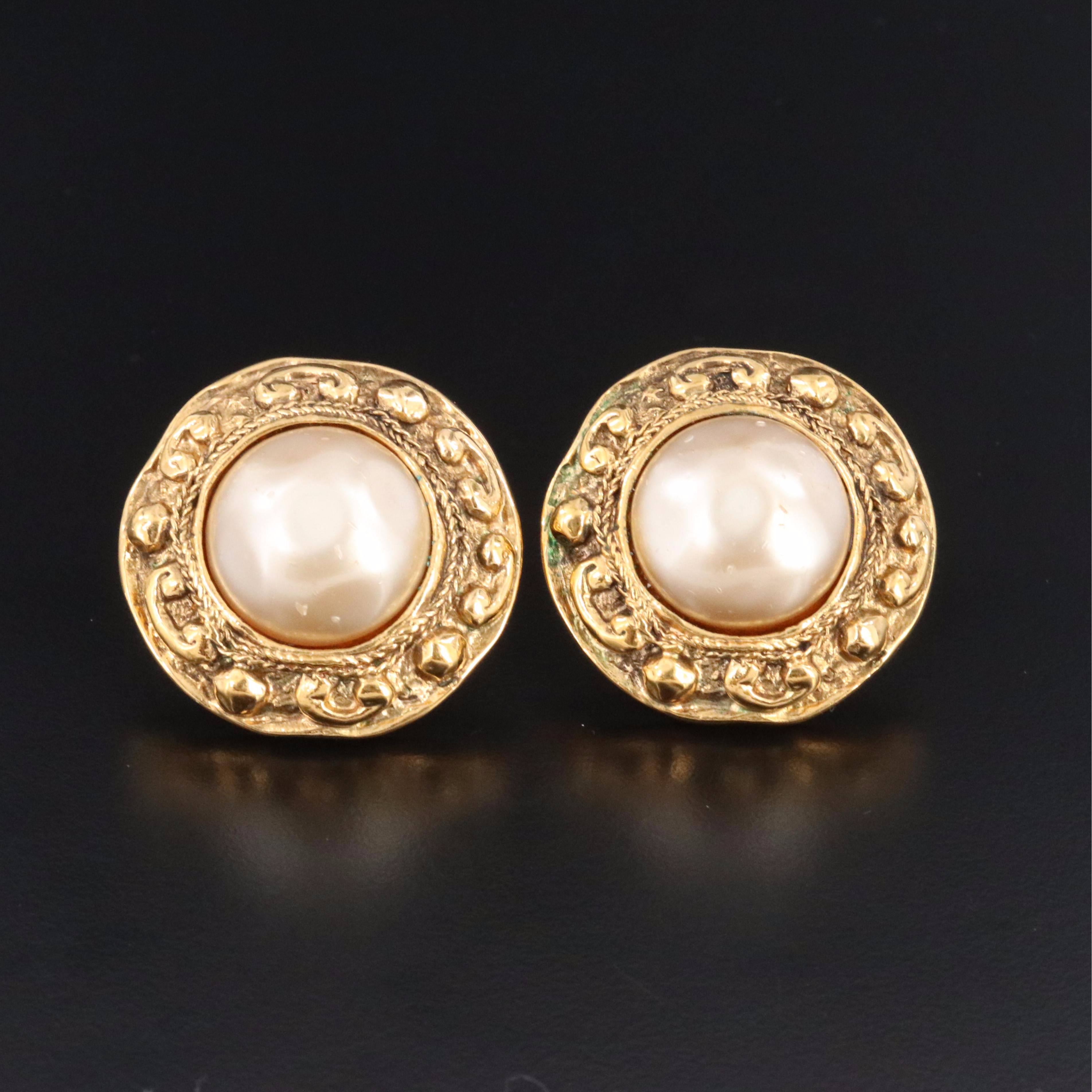 Chanel Faux Pearl Clip Earrings Vintage