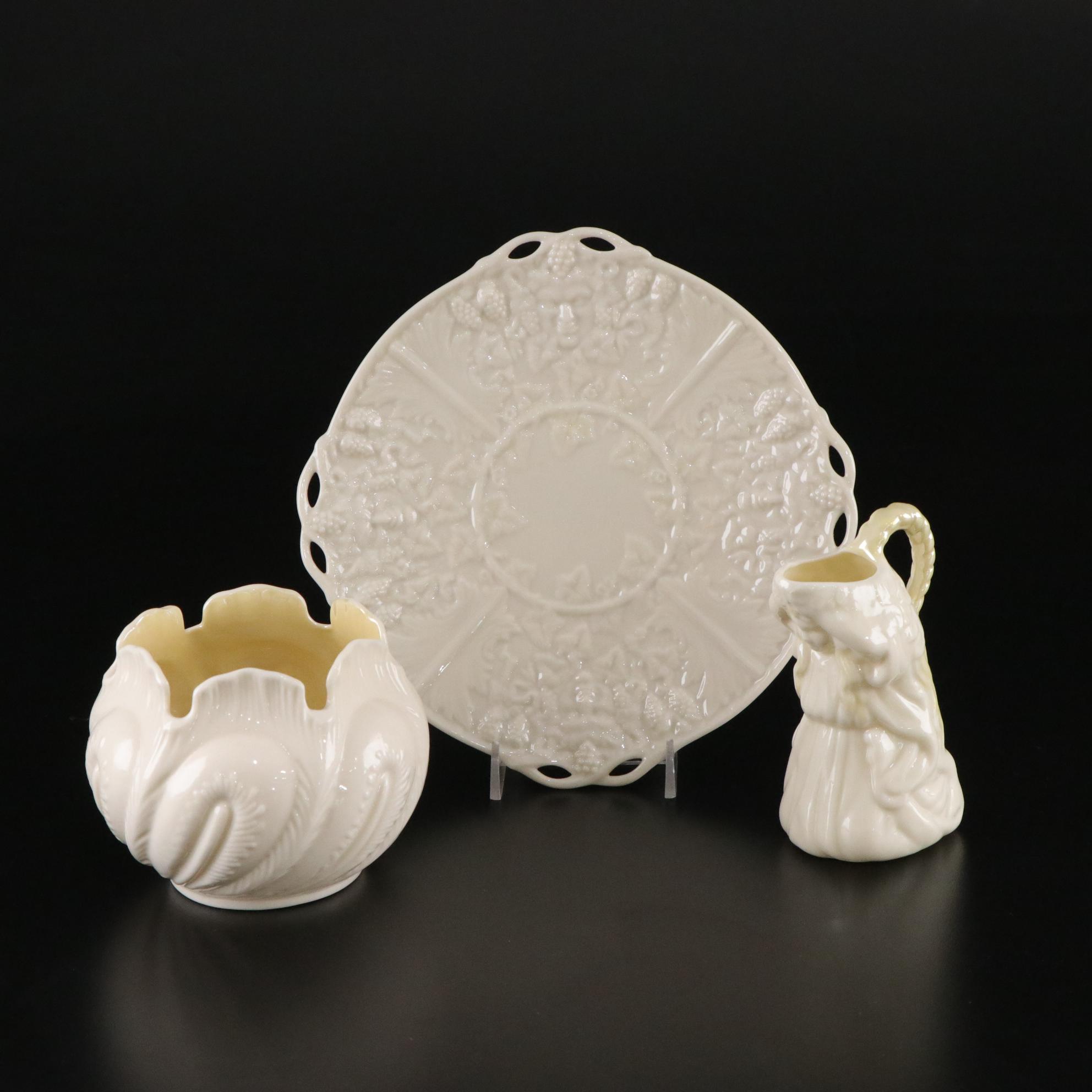 Belleek Porcelain "Undine" Creamer, Vase, and Plate, Mid to Late 20th Century