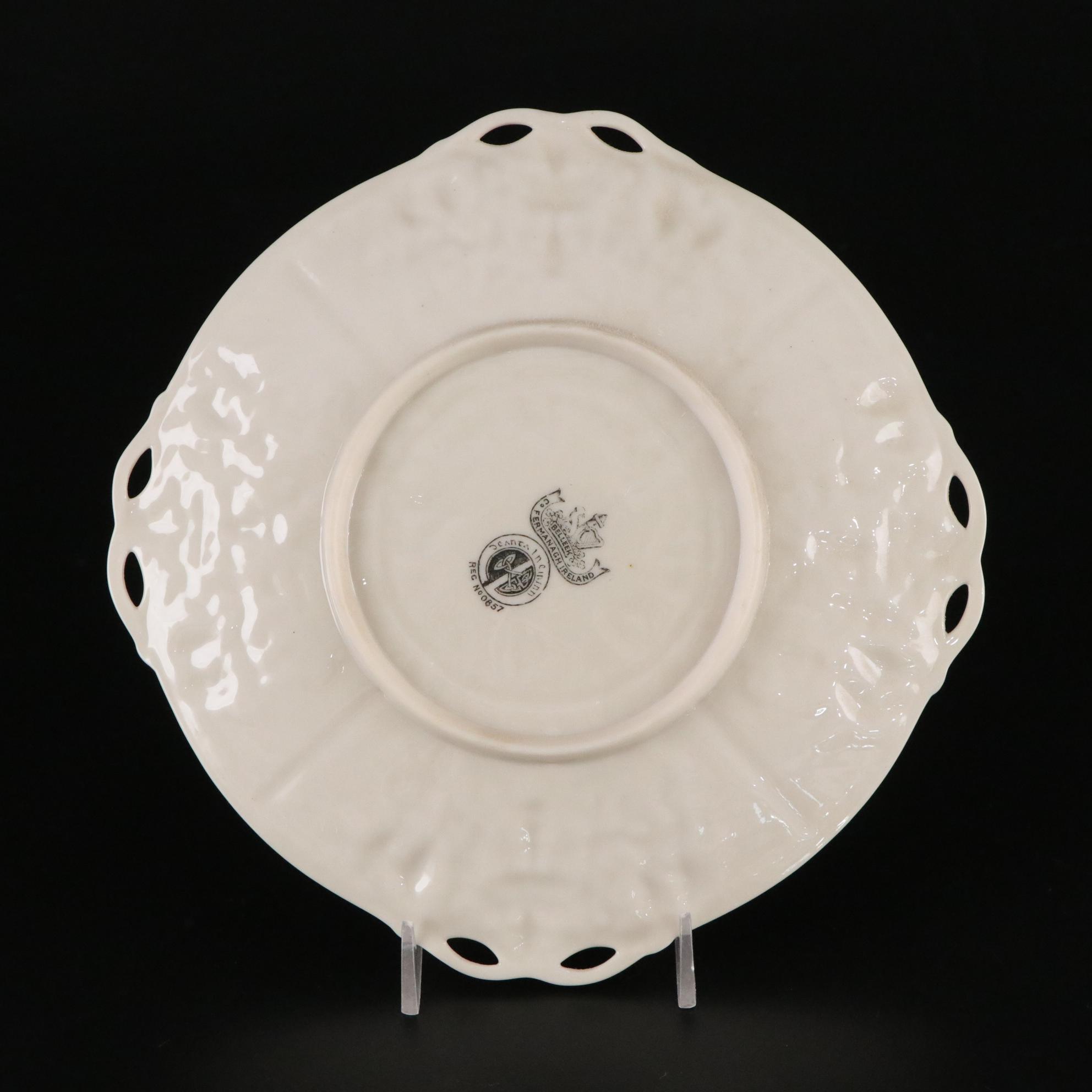 Belleek Porcelain "Undine" Creamer, Vase, and Plate, Mid to Late 20th Century