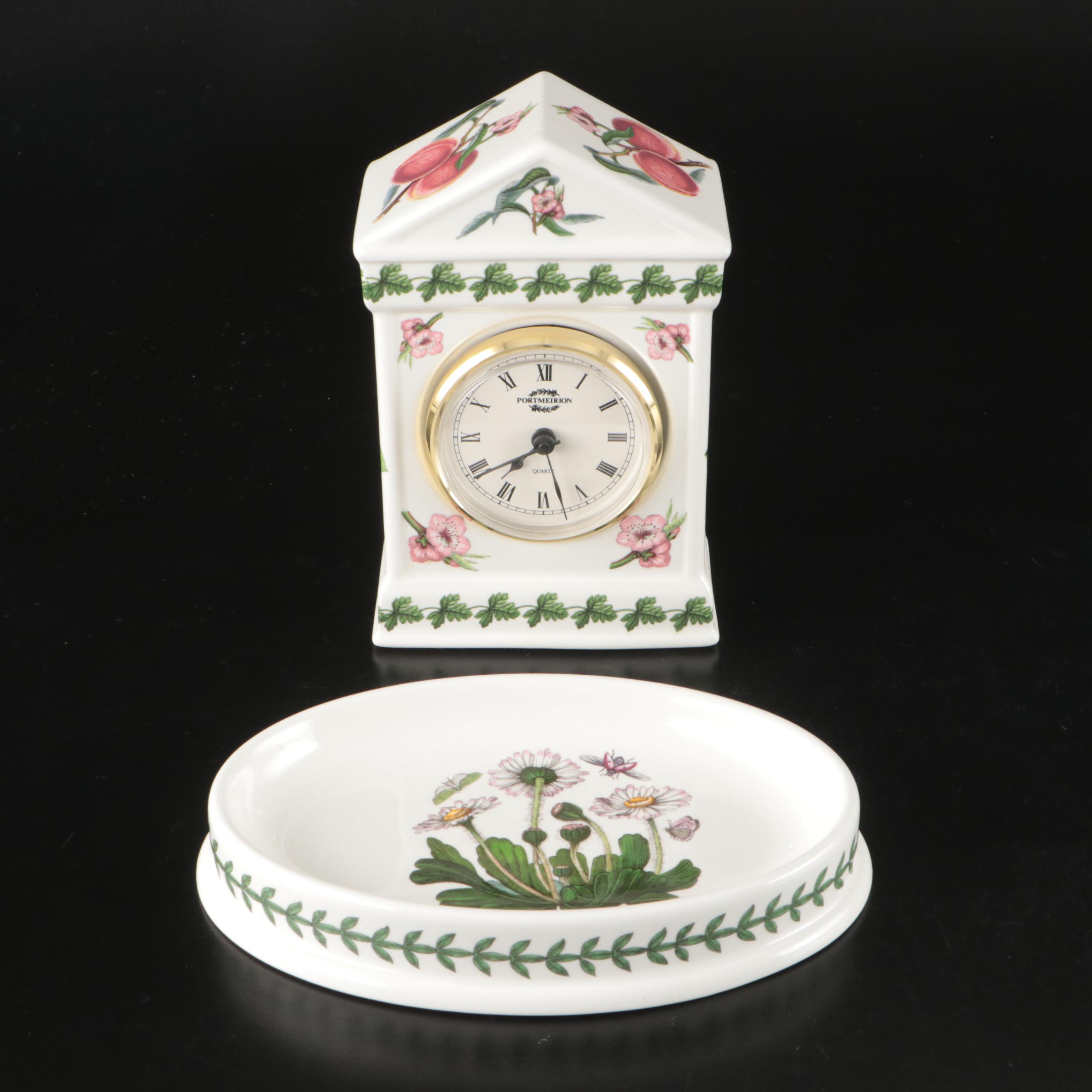 Portmeirion English Ceramic Mantel Clock and "The Botanic Garden" Dish