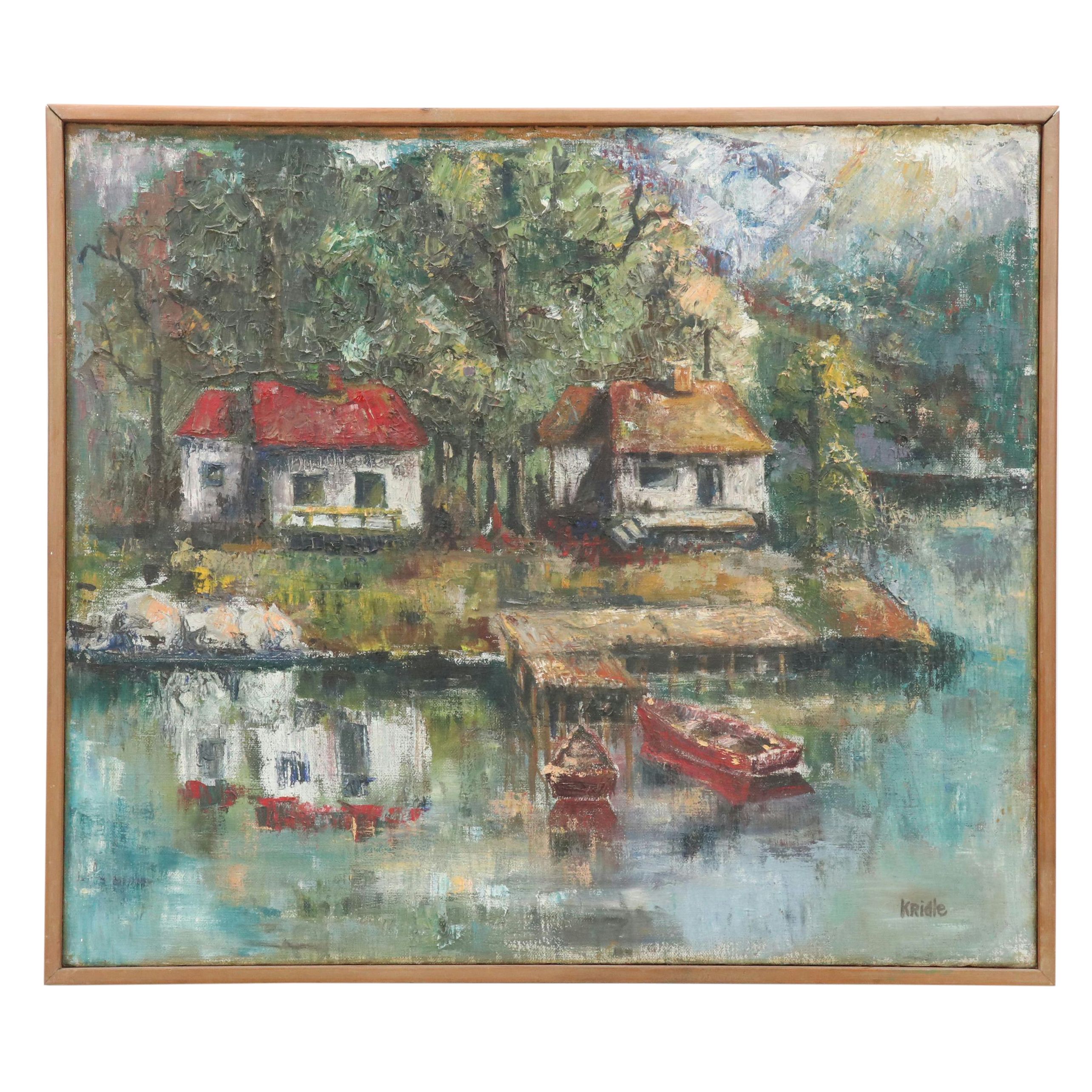 Marilyn Cramer Modern Dock Scene Oil Painting, Mid-Late 20th Century