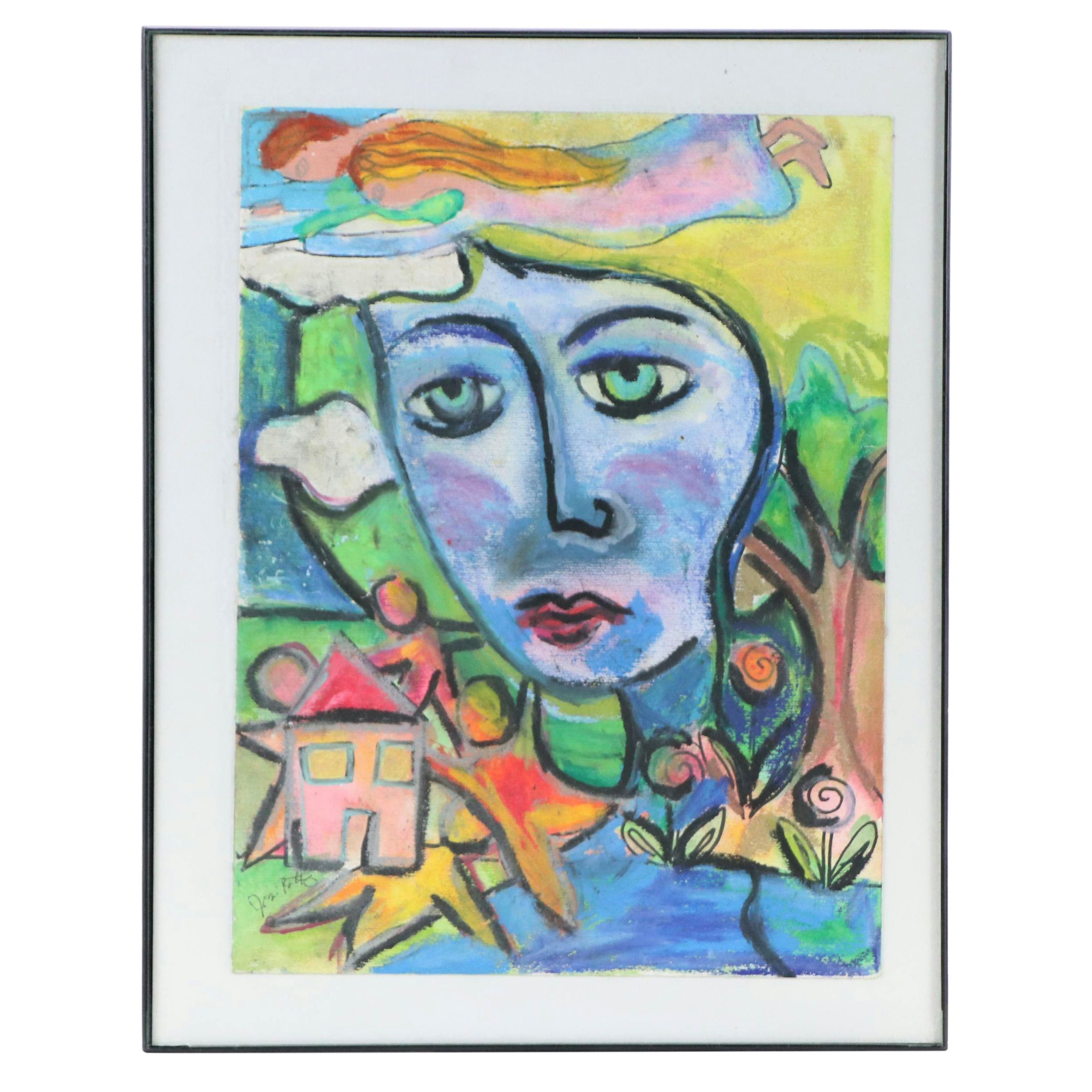 Josi Potts Figural Modernist Oil Pastel Portrait Drawing