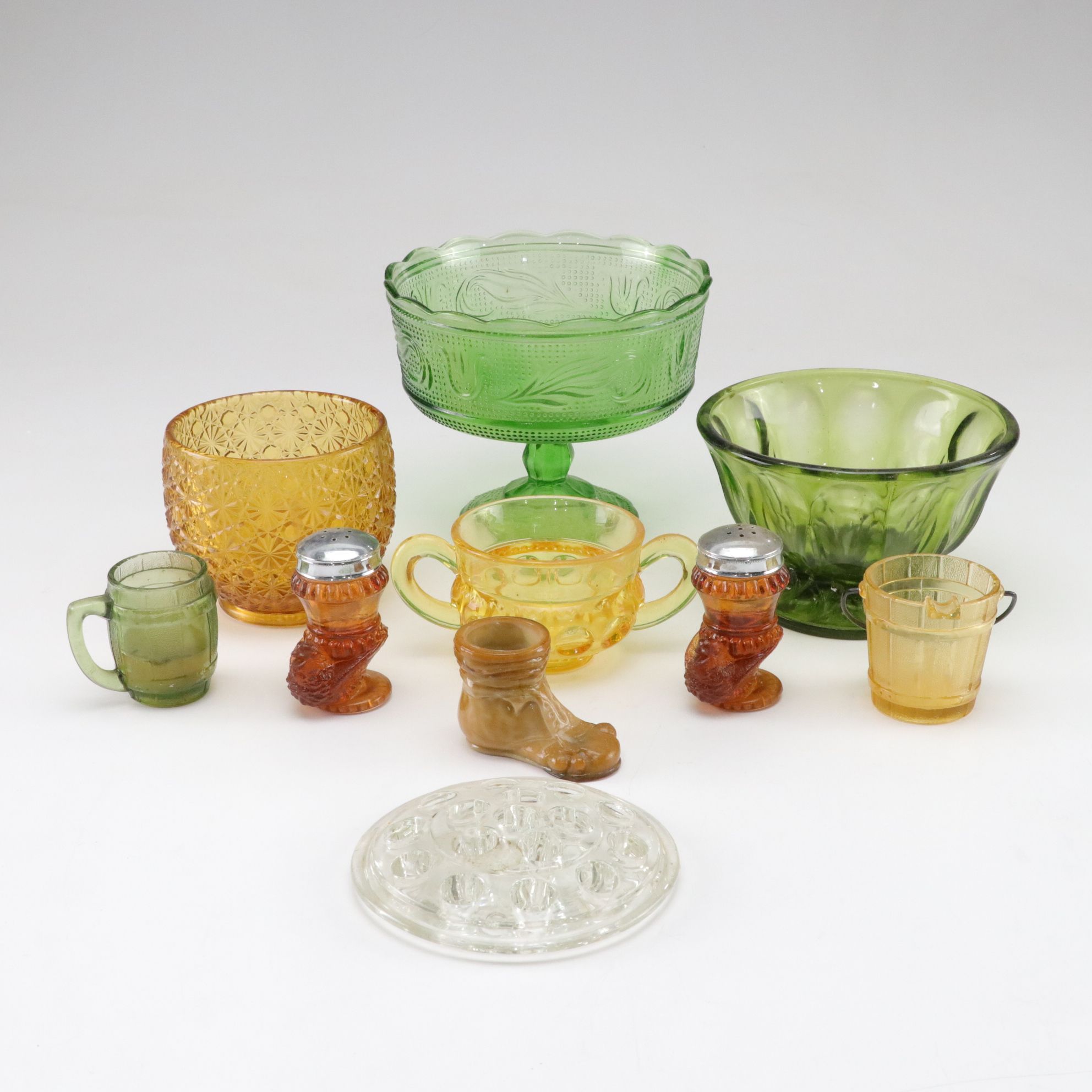 Pressed Glass Items with Degenhart Salt and Pepper Shakers and More