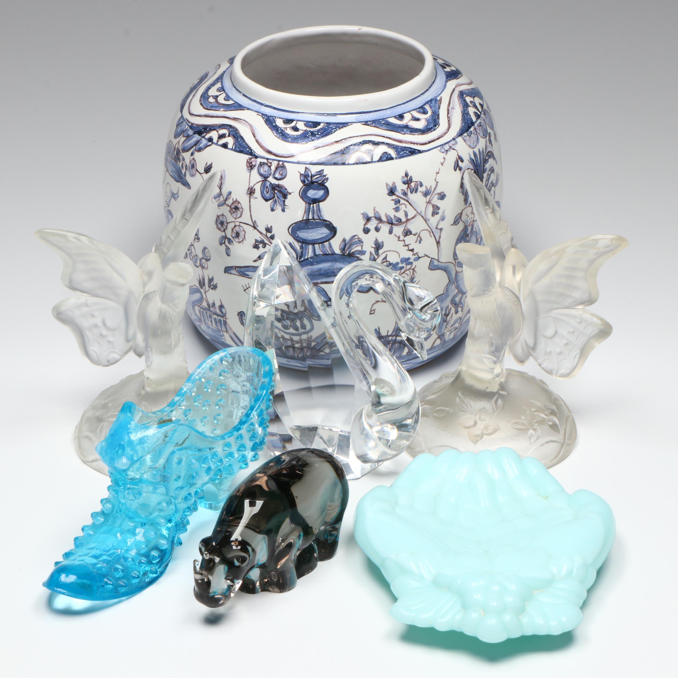 Portuguese Majolica Chinoiserie Ginger Jar with Fenton and Other Glass Decor