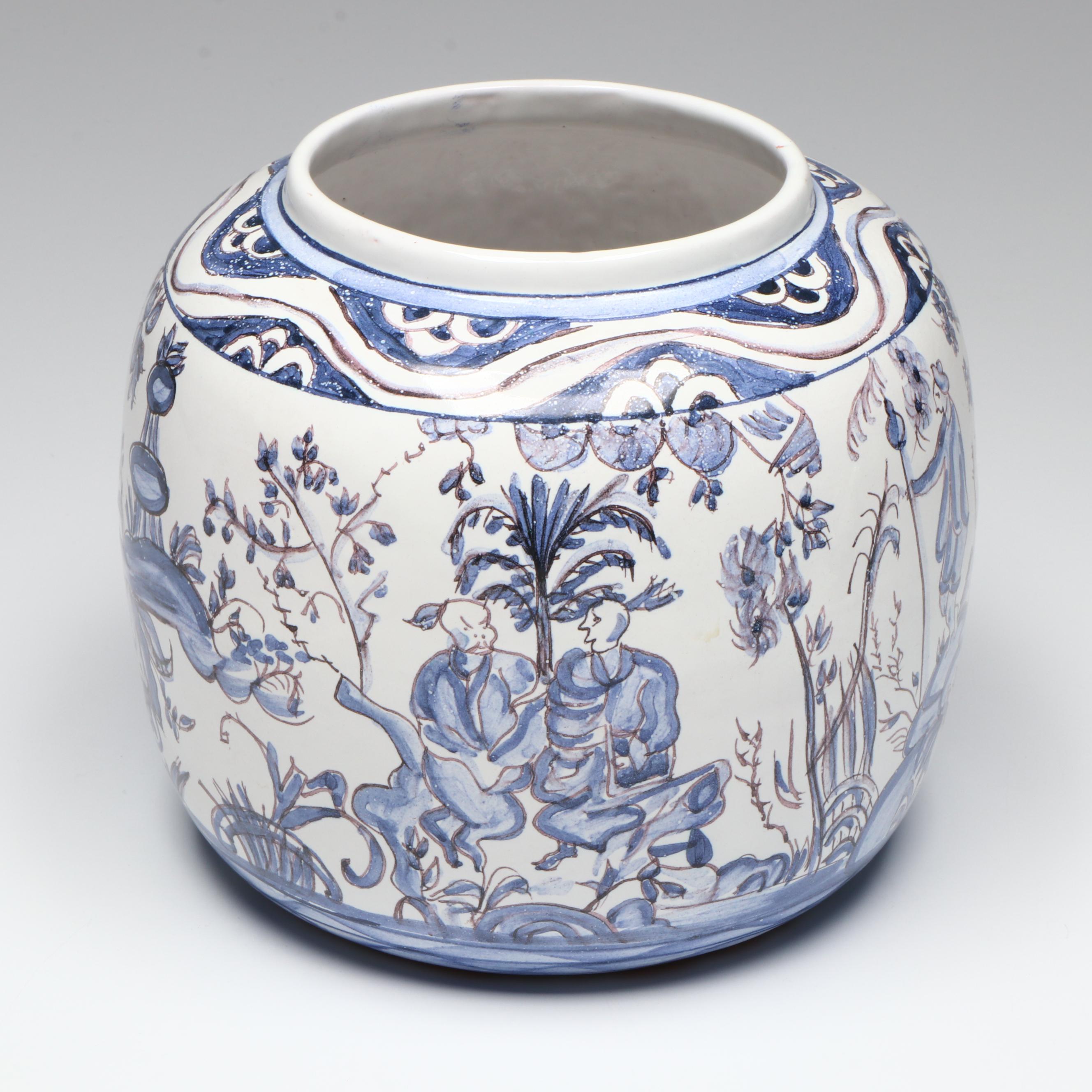 Portuguese Majolica Chinoiserie Ginger Jar with Fenton and Other Glass Decor