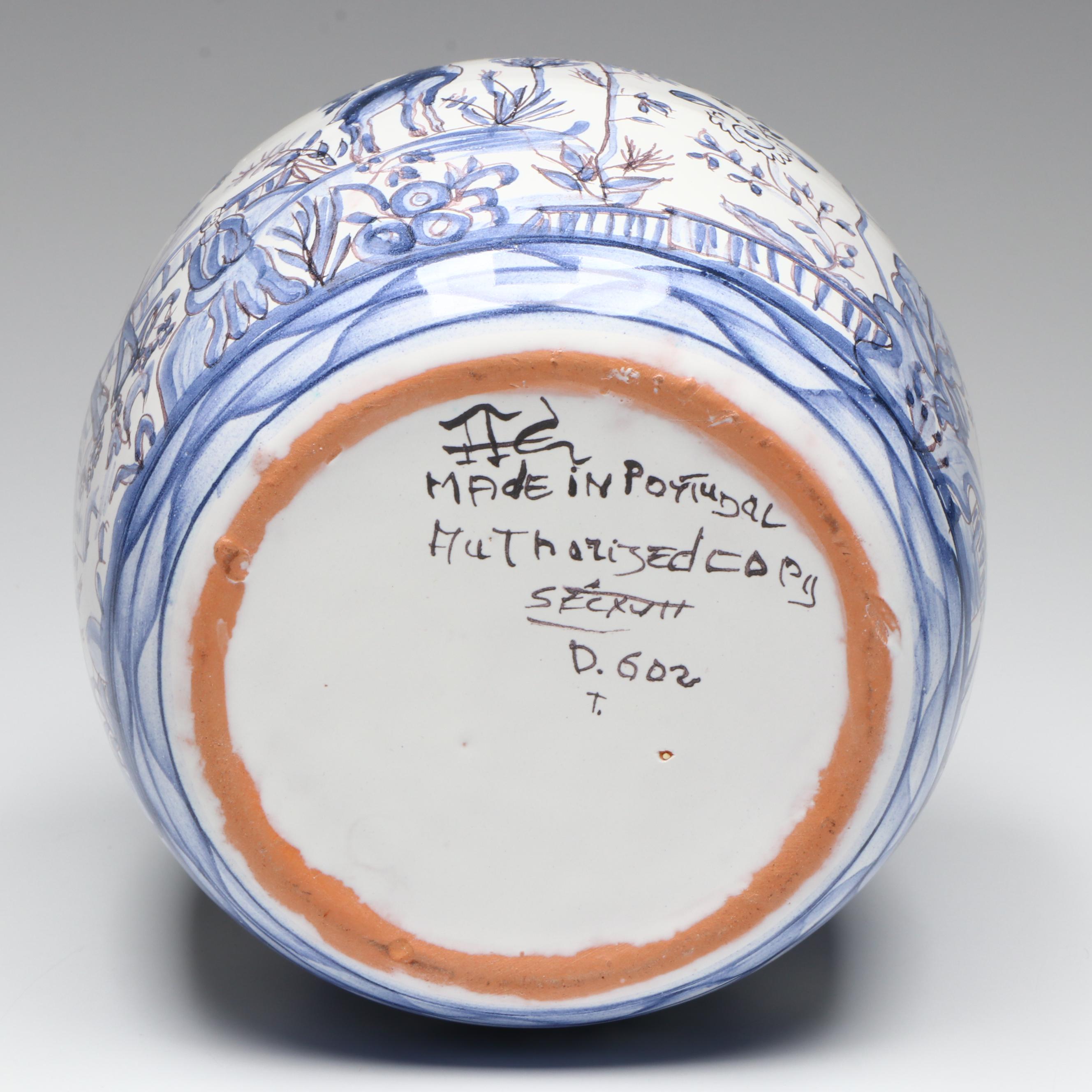 Portuguese Majolica Chinoiserie Ginger Jar with Fenton and Other Glass Decor