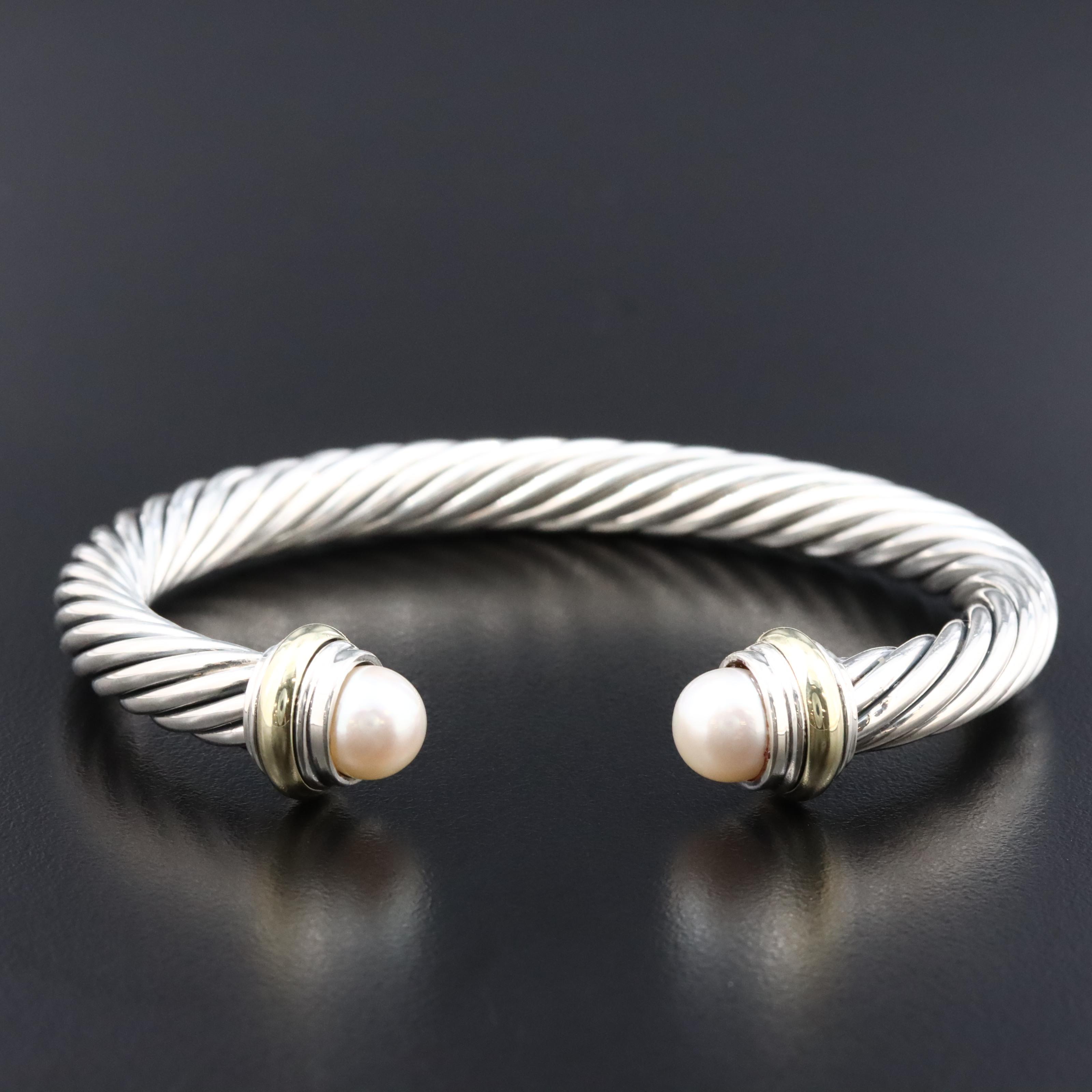 David Yurman Classic Cable Sterling and Pearl Bracelet with 14K Accents