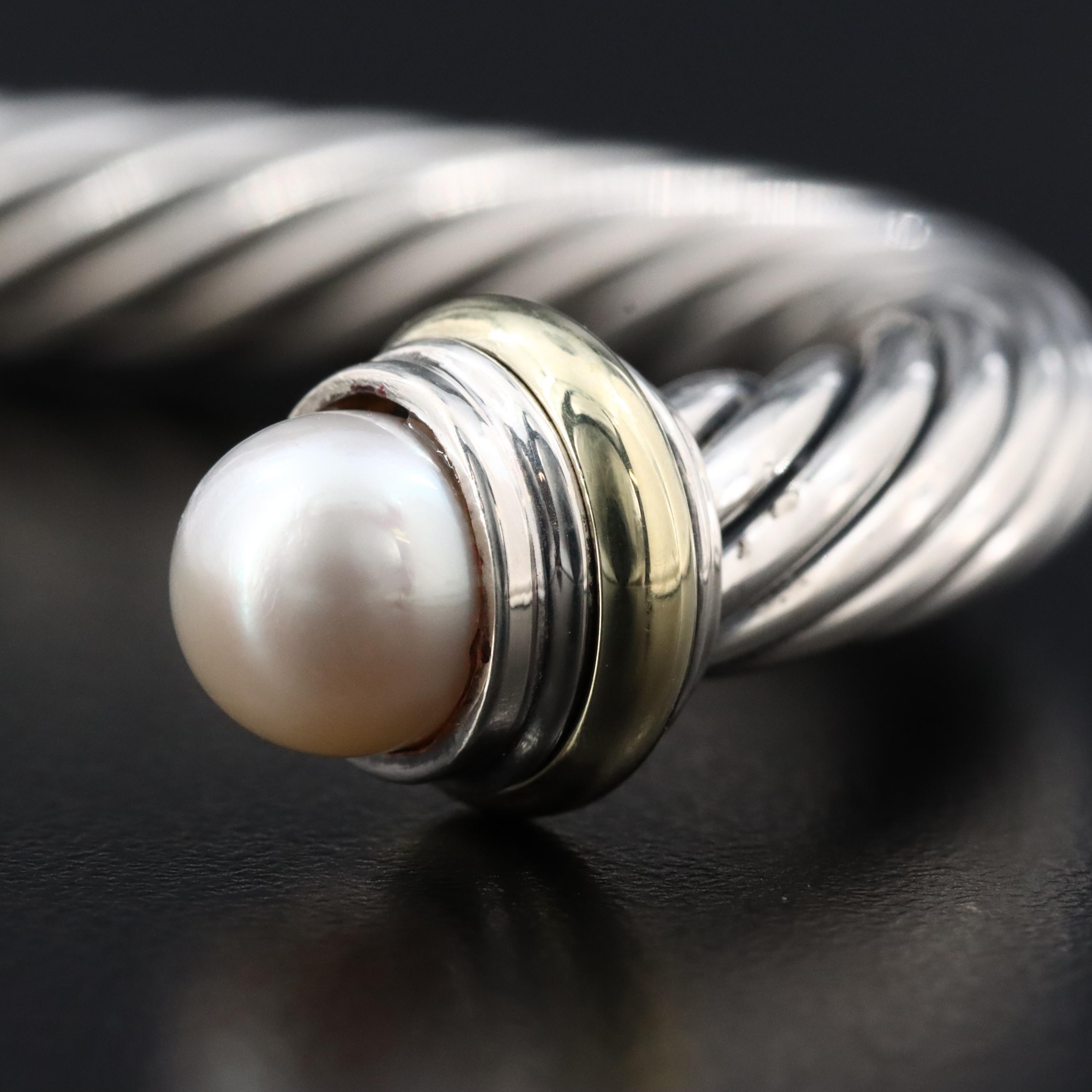 David Yurman Classic Cable Sterling and Pearl Bracelet with 14K Accents