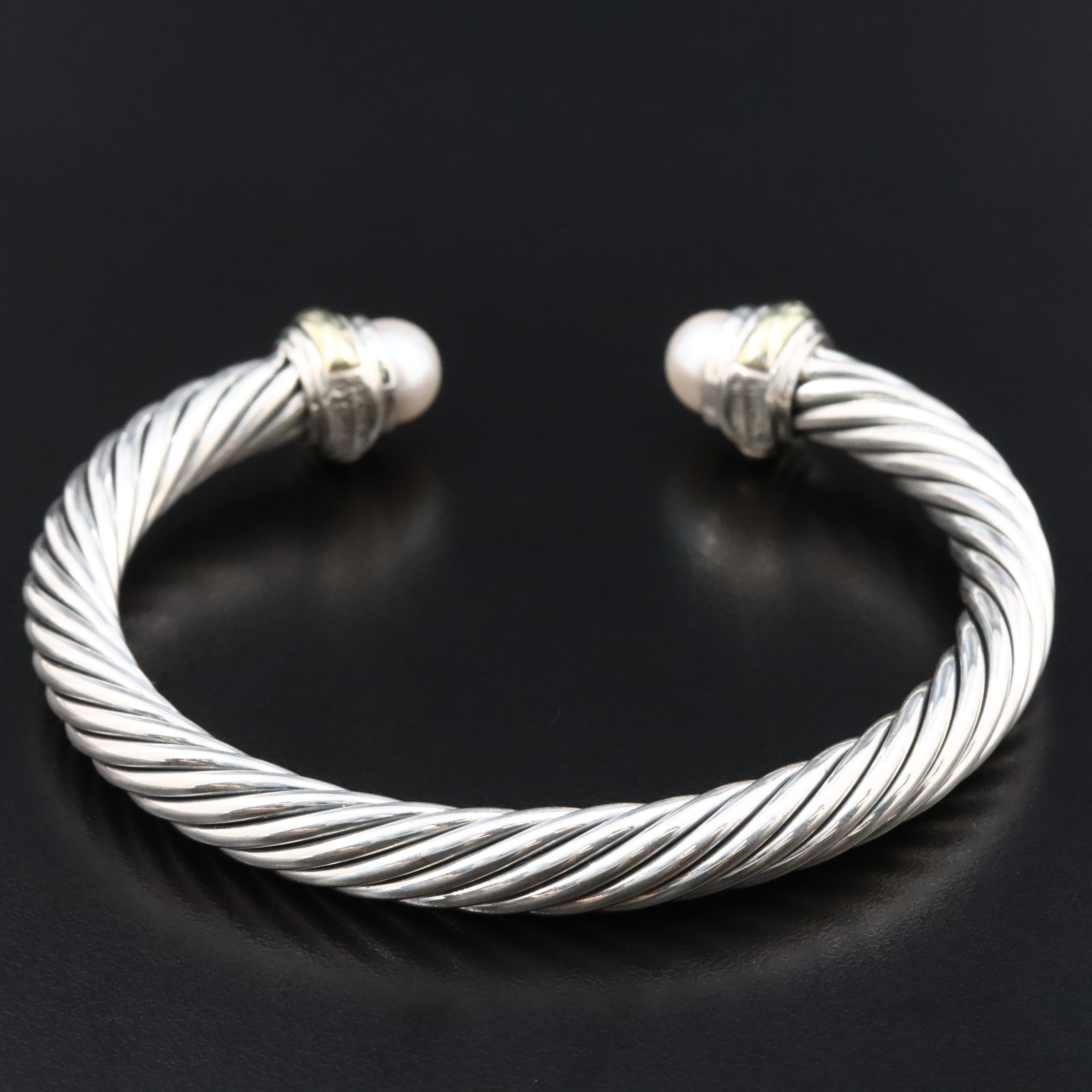 David Yurman Classic Cable Sterling and Pearl Bracelet with 14K Accents
