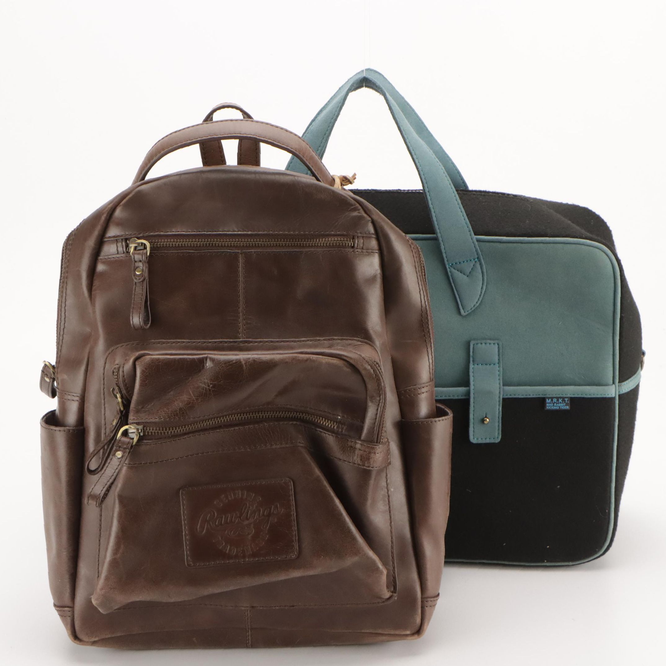 Rawlings Brown Leather Backpack and Mad Rabbit Kicking Tiger Large Two-Way Bag