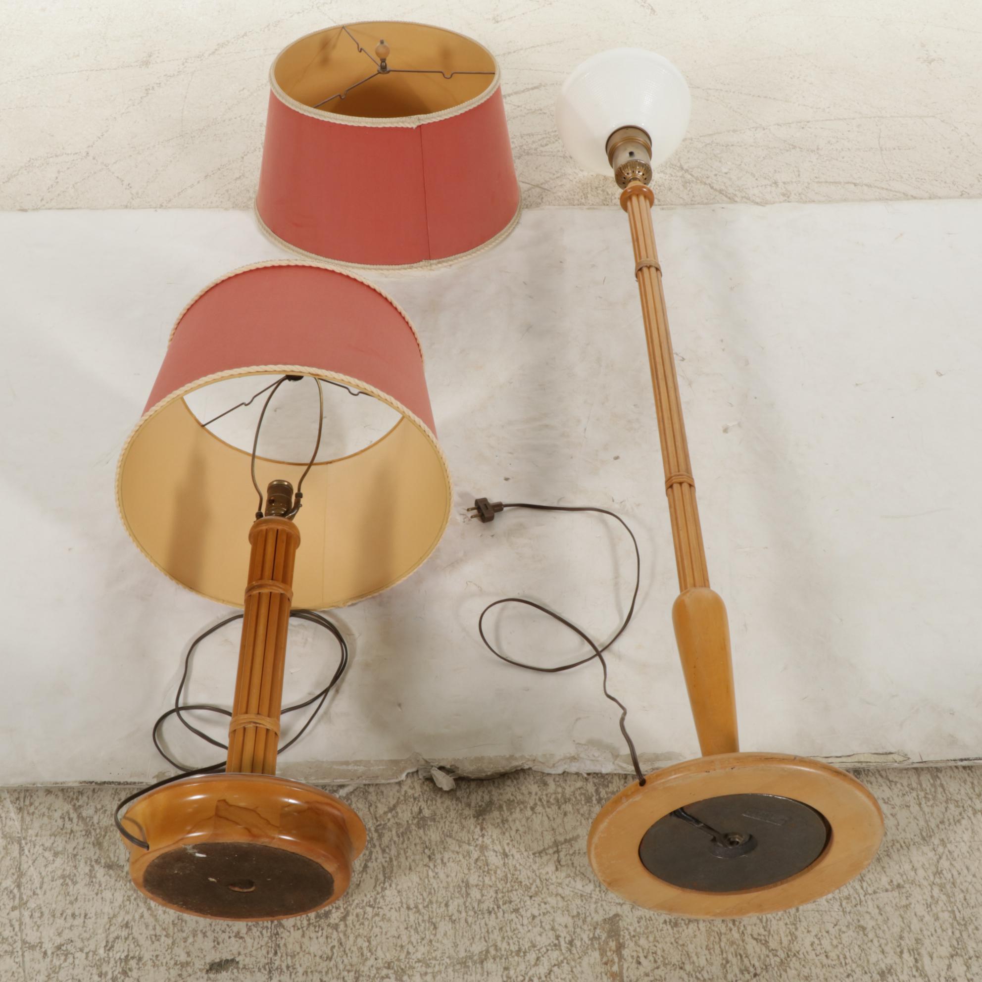 Wood "Bundle of Canes"  Floor and Table Lamps, Mid-20th Century