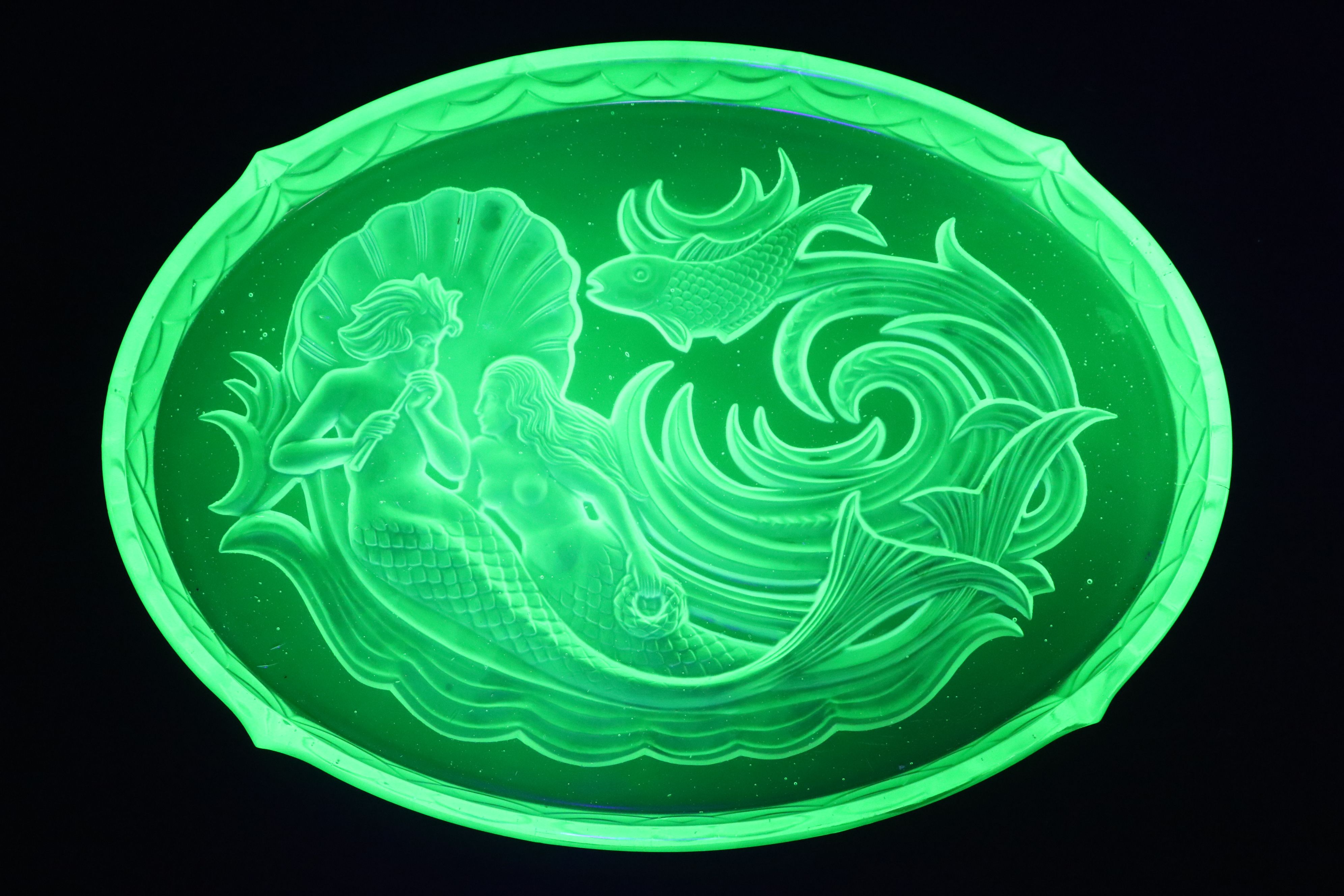 Walther & Sohne "Nymphen" Uranium Glass Vanity Tray with Ice Bucket and Vase