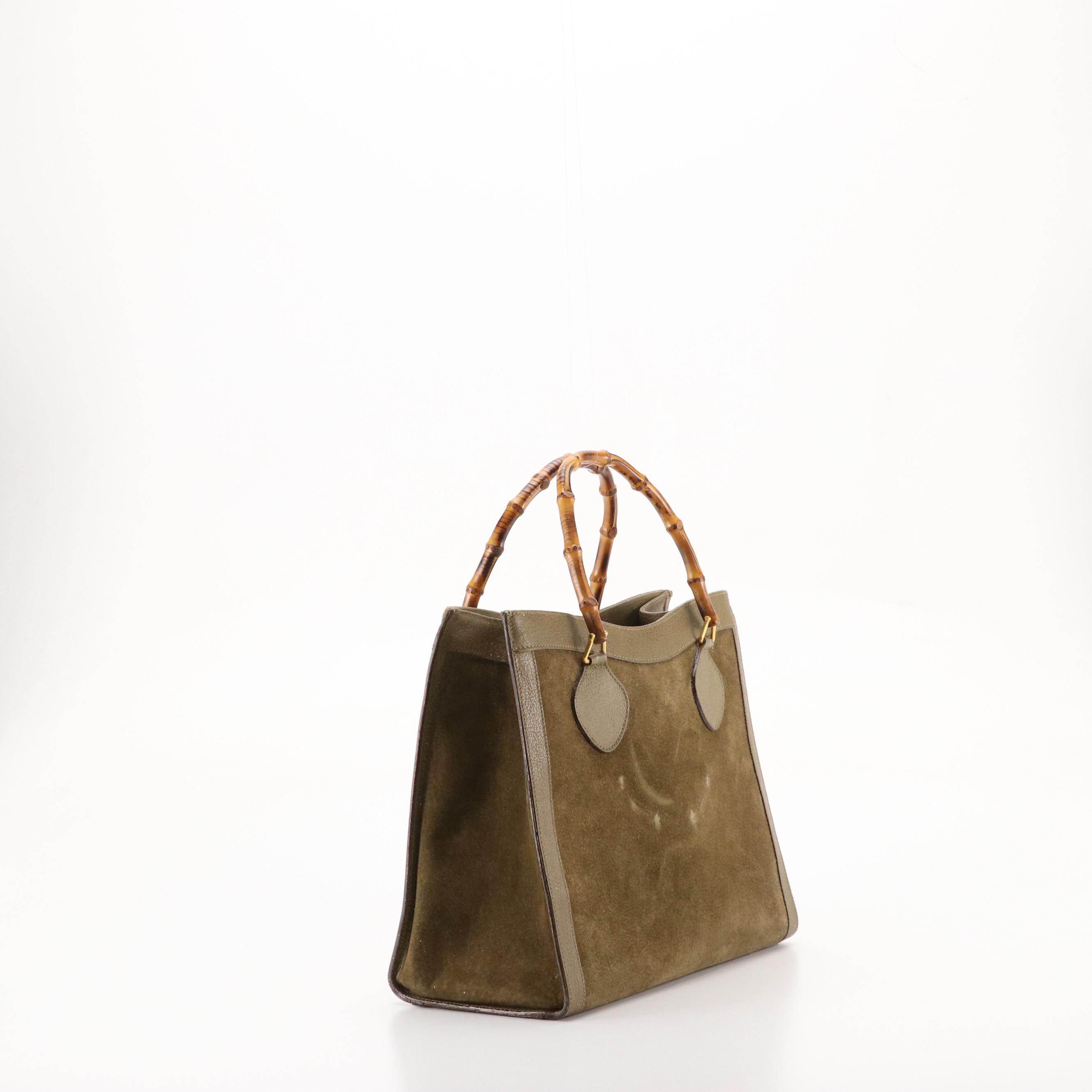 Gucci Diana Bamboo Handle Tote in Olive Green Suede and Cinghiale Leather Trim