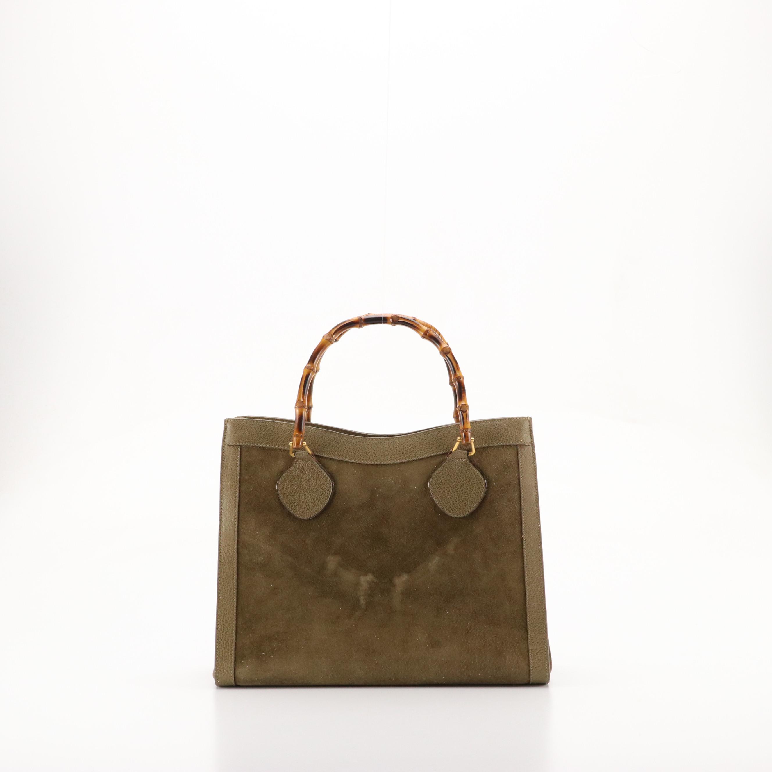 Gucci Diana Bamboo Handle Tote in Olive Green Suede and Cinghiale Leather Trim