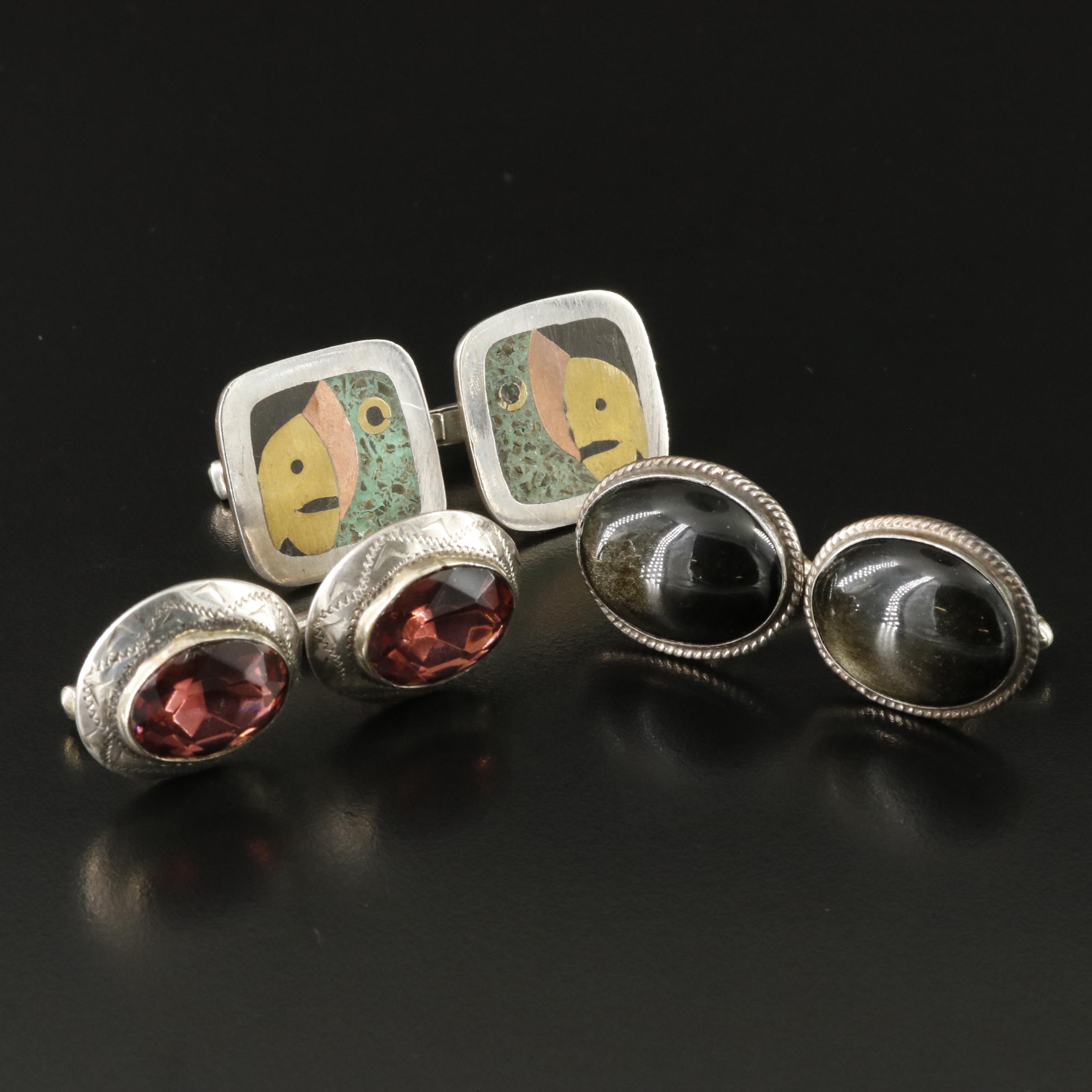 Vintage Sterling Cufflink Collection with Sheen Obsidian