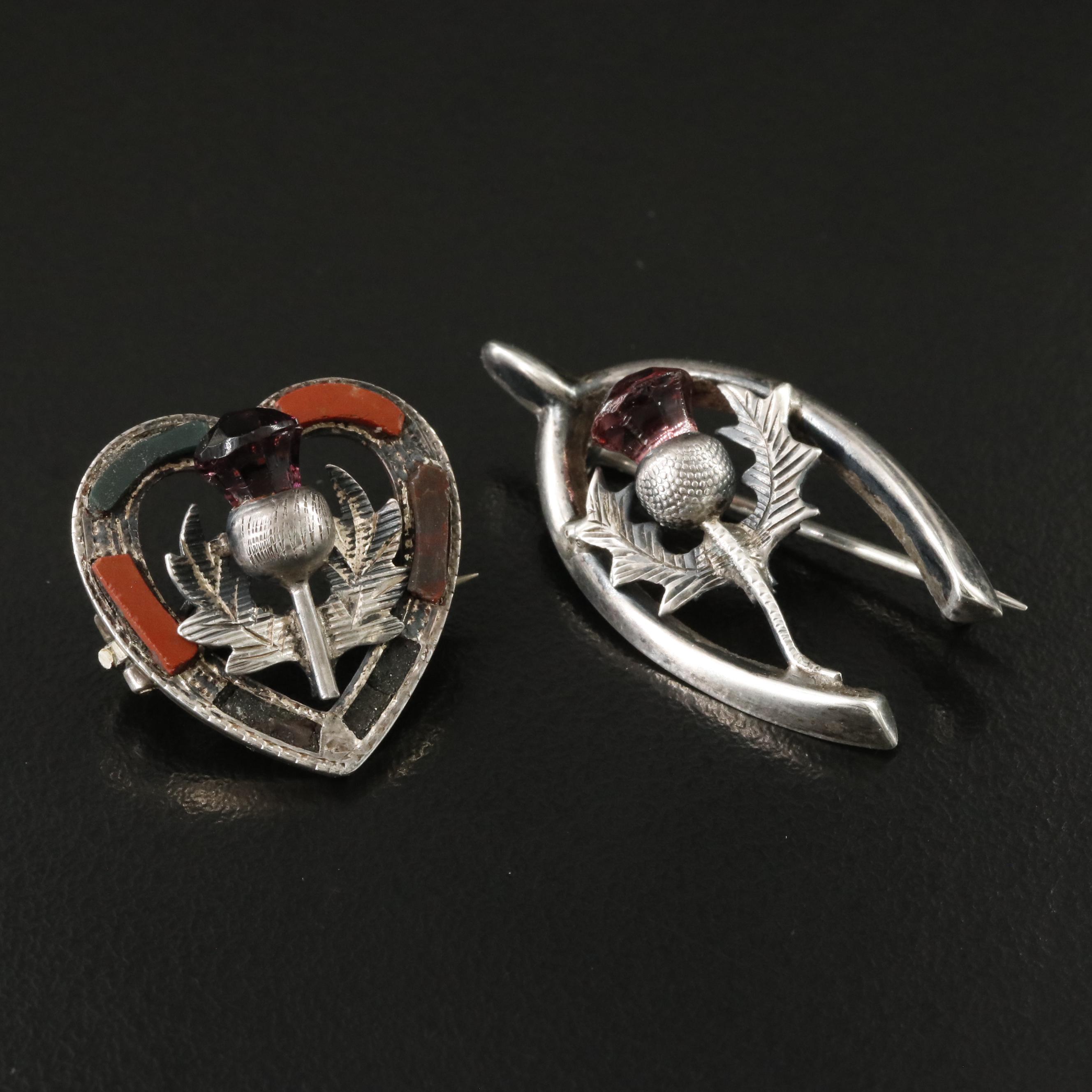Vintage Sterling Jasper and Glass Scottish Thistle Brooches