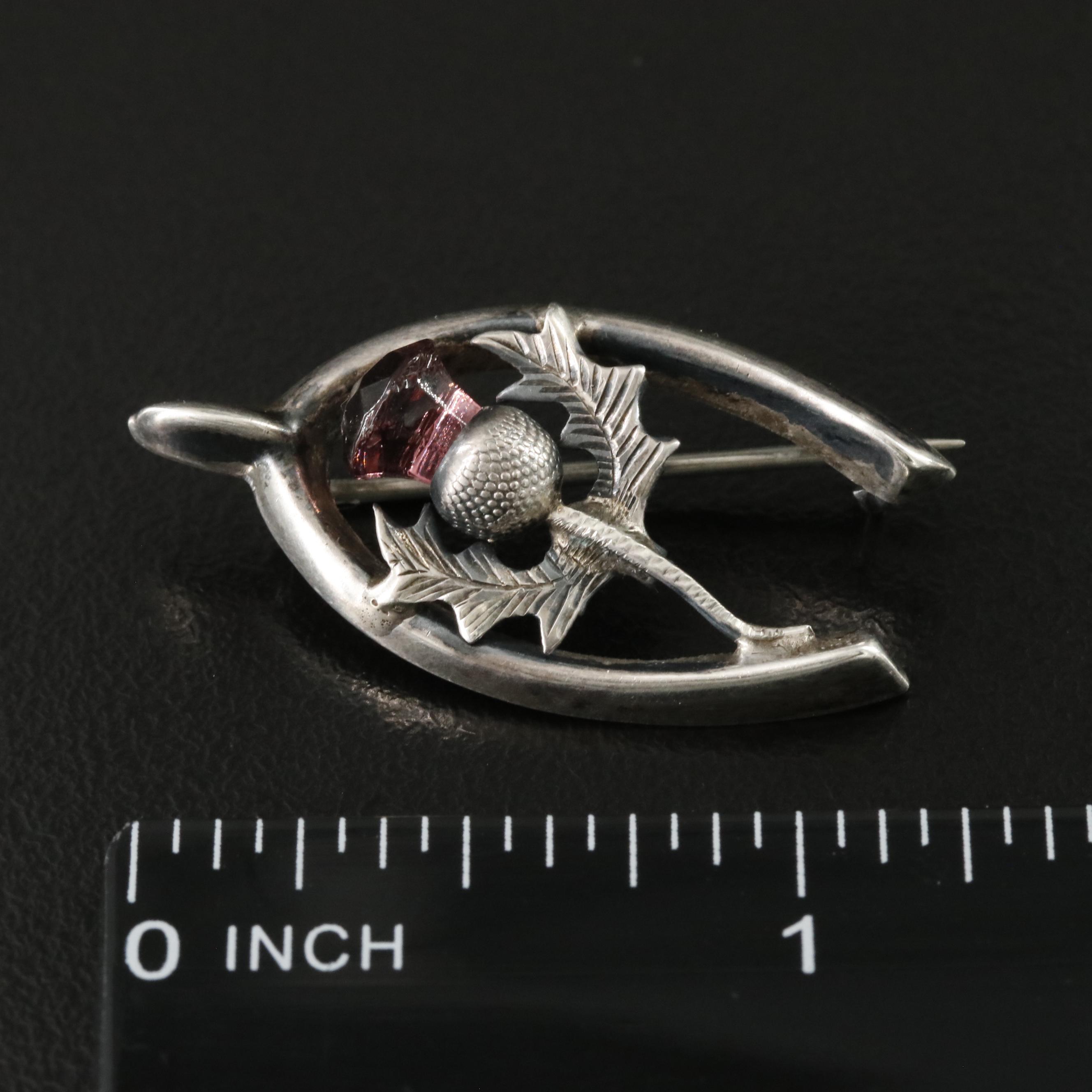 Vintage Sterling Jasper and Glass Scottish Thistle Brooches