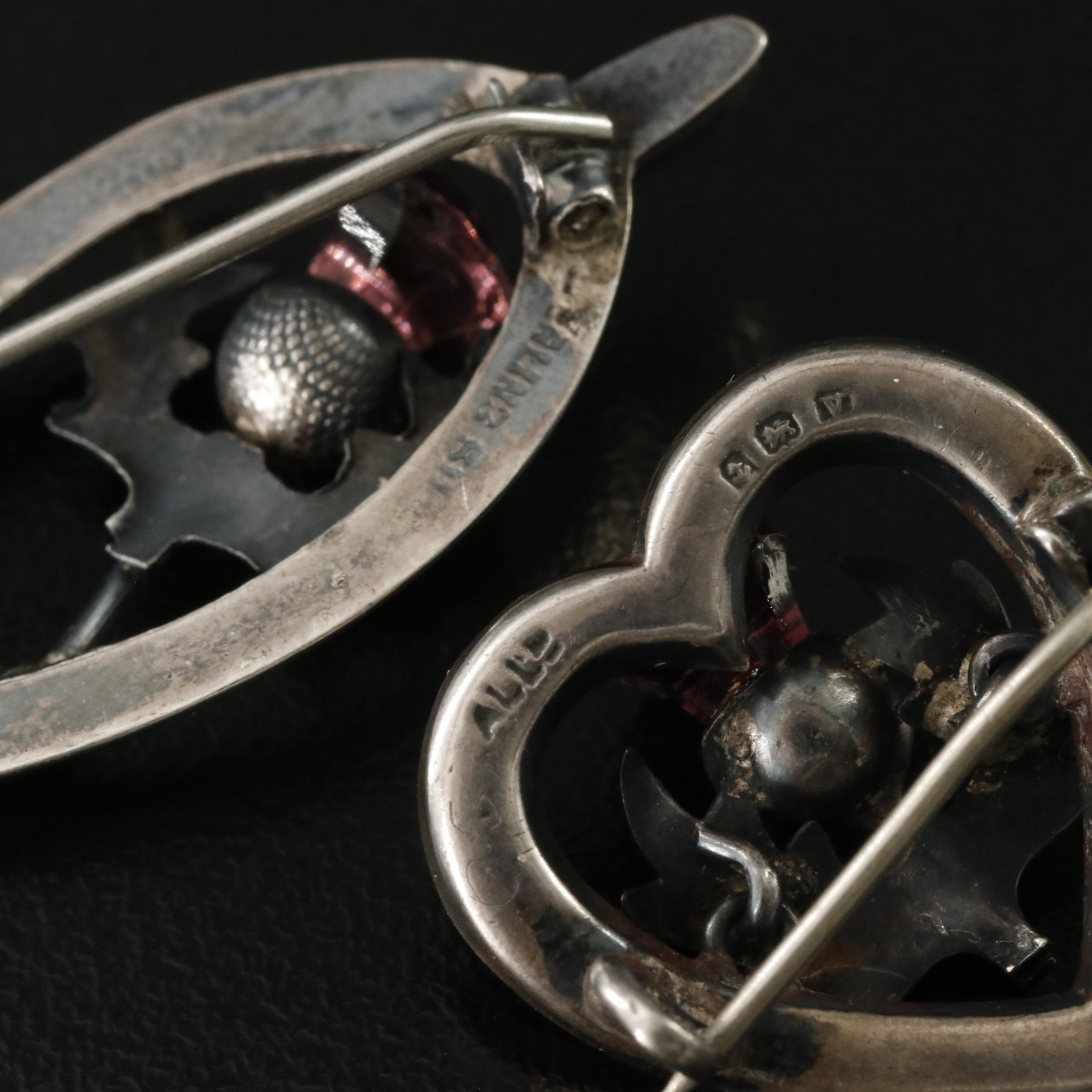 Vintage Sterling Jasper and Glass Scottish Thistle Brooches