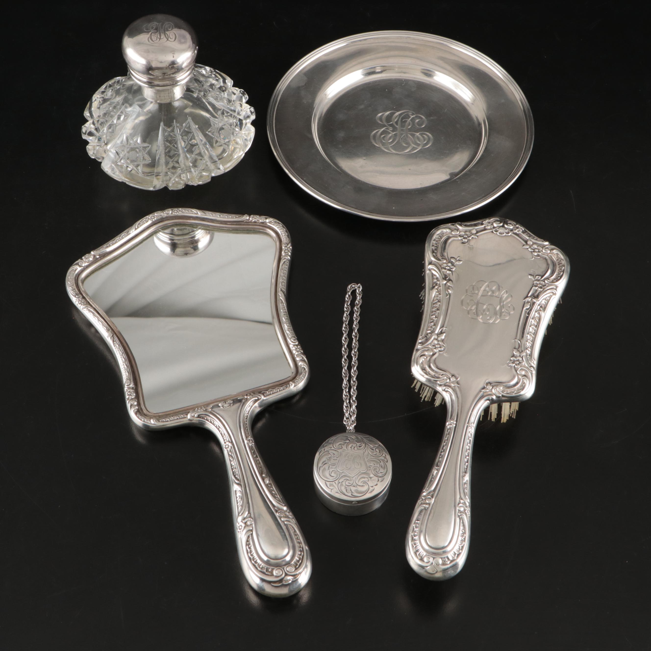 Victorian Style Monogrammed Sterling Hand Mirror with Other Vanity Items
