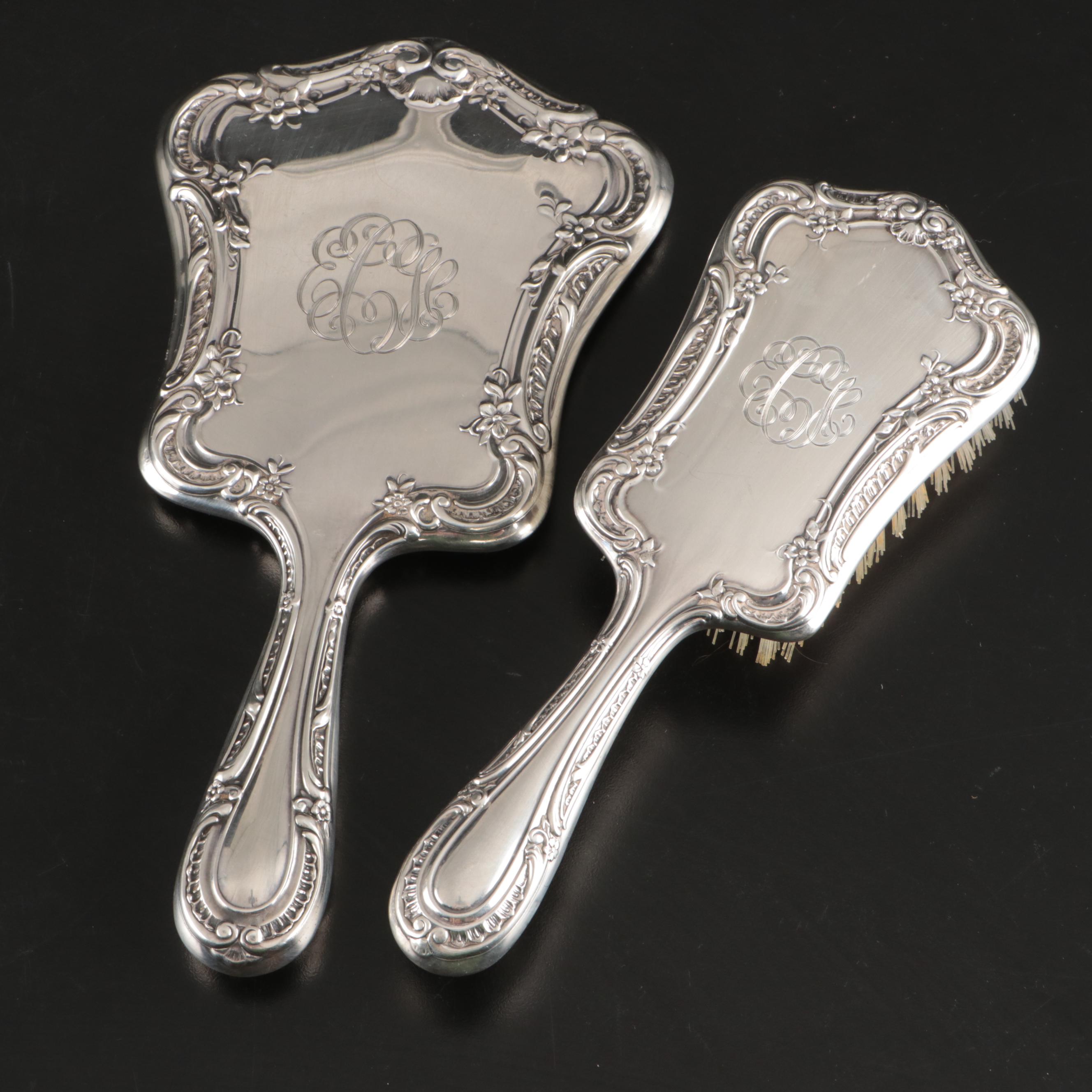 Victorian Style Monogrammed Sterling Hand Mirror with Other Vanity Items