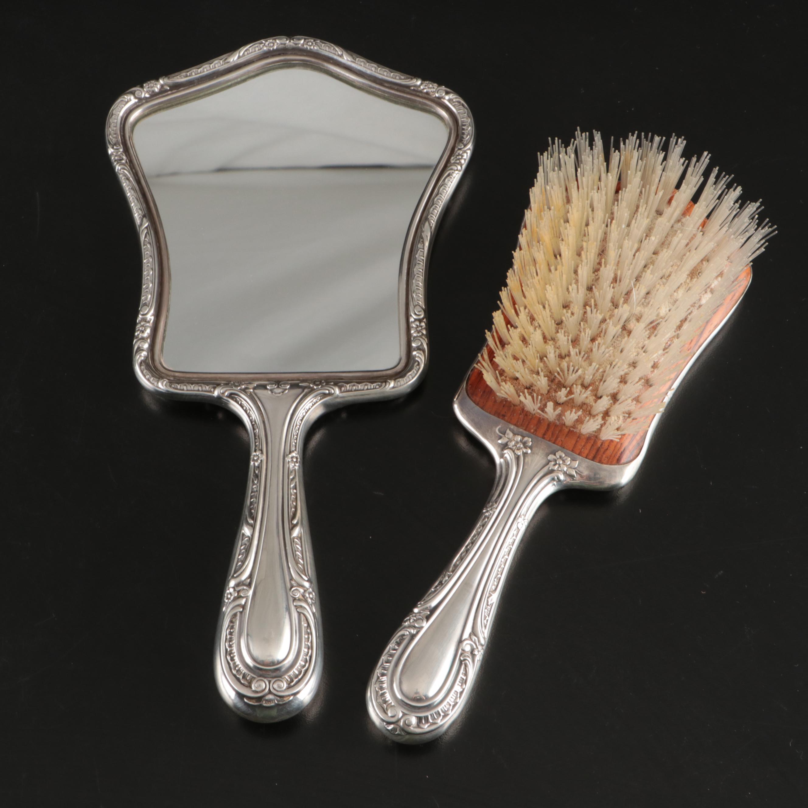 Victorian Style Monogrammed Sterling Hand Mirror with Other Vanity Items