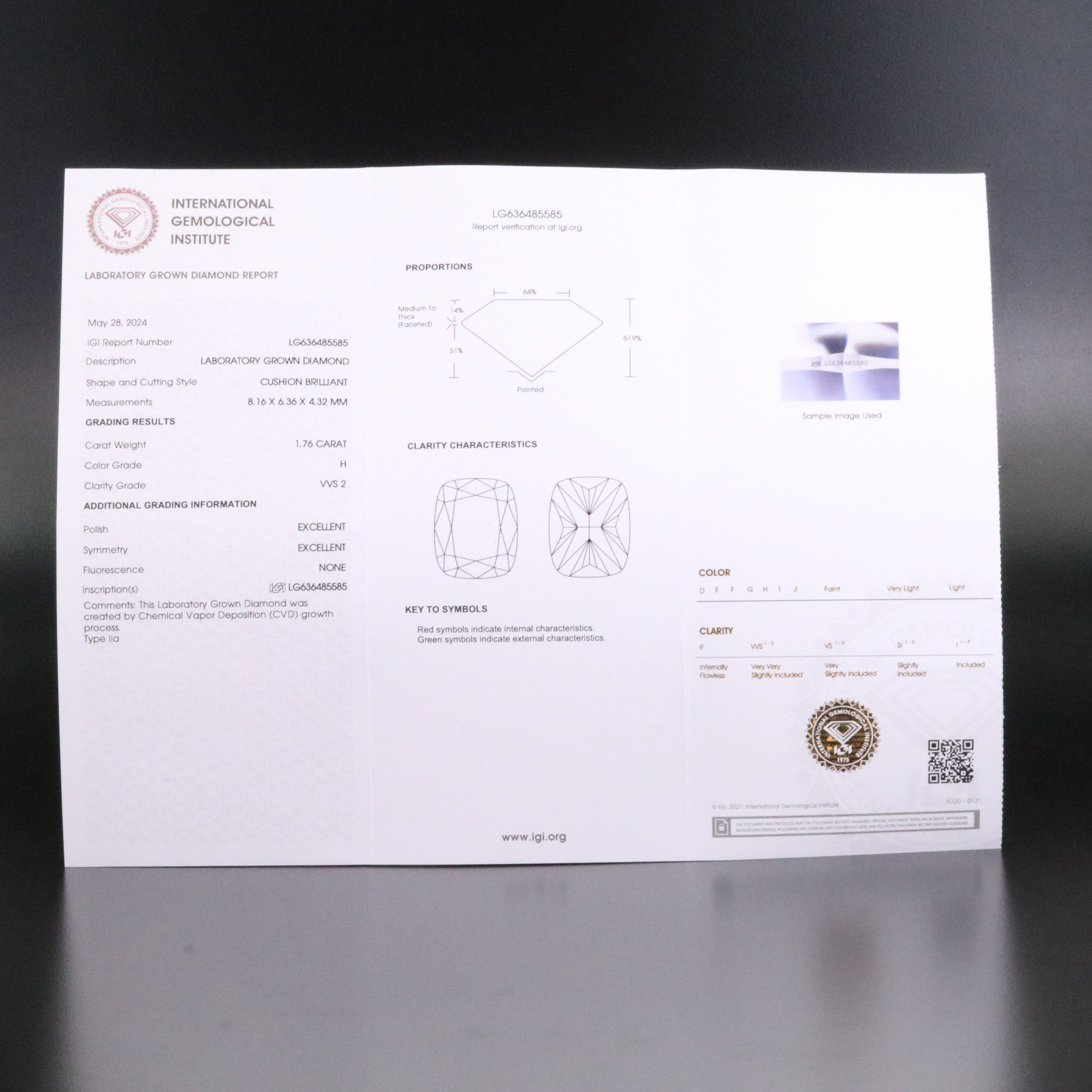 Loose 1.76 CT Lab Grown Diamond with IGI Report