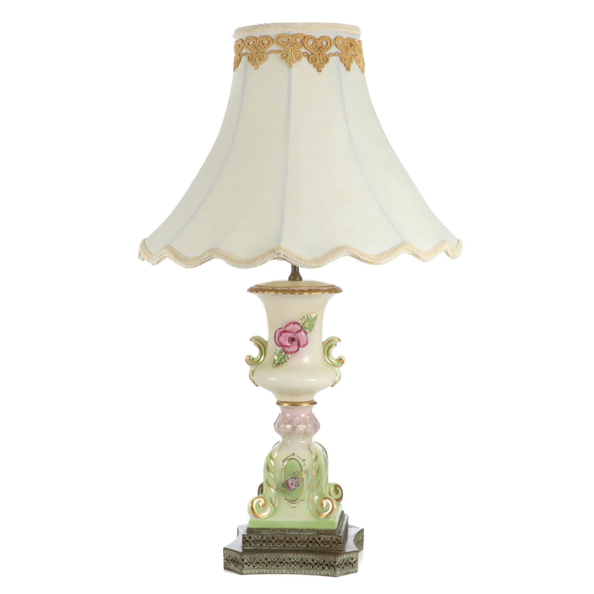 Italian Majolica Ceramic Table Lamp with Victorian Style Silk Scalloped Shade