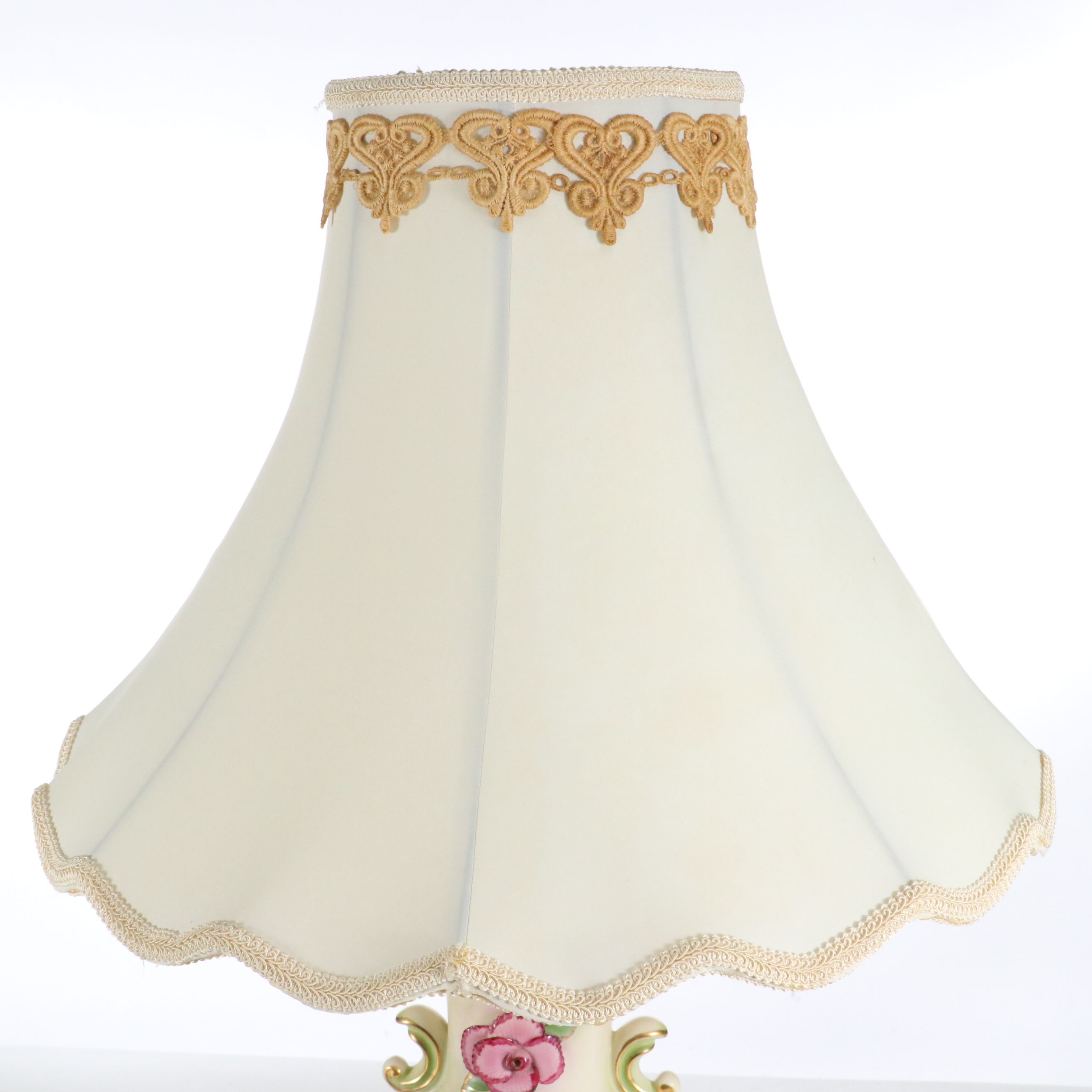 Italian Majolica Ceramic Table Lamp with Victorian Style Silk Scalloped Shade