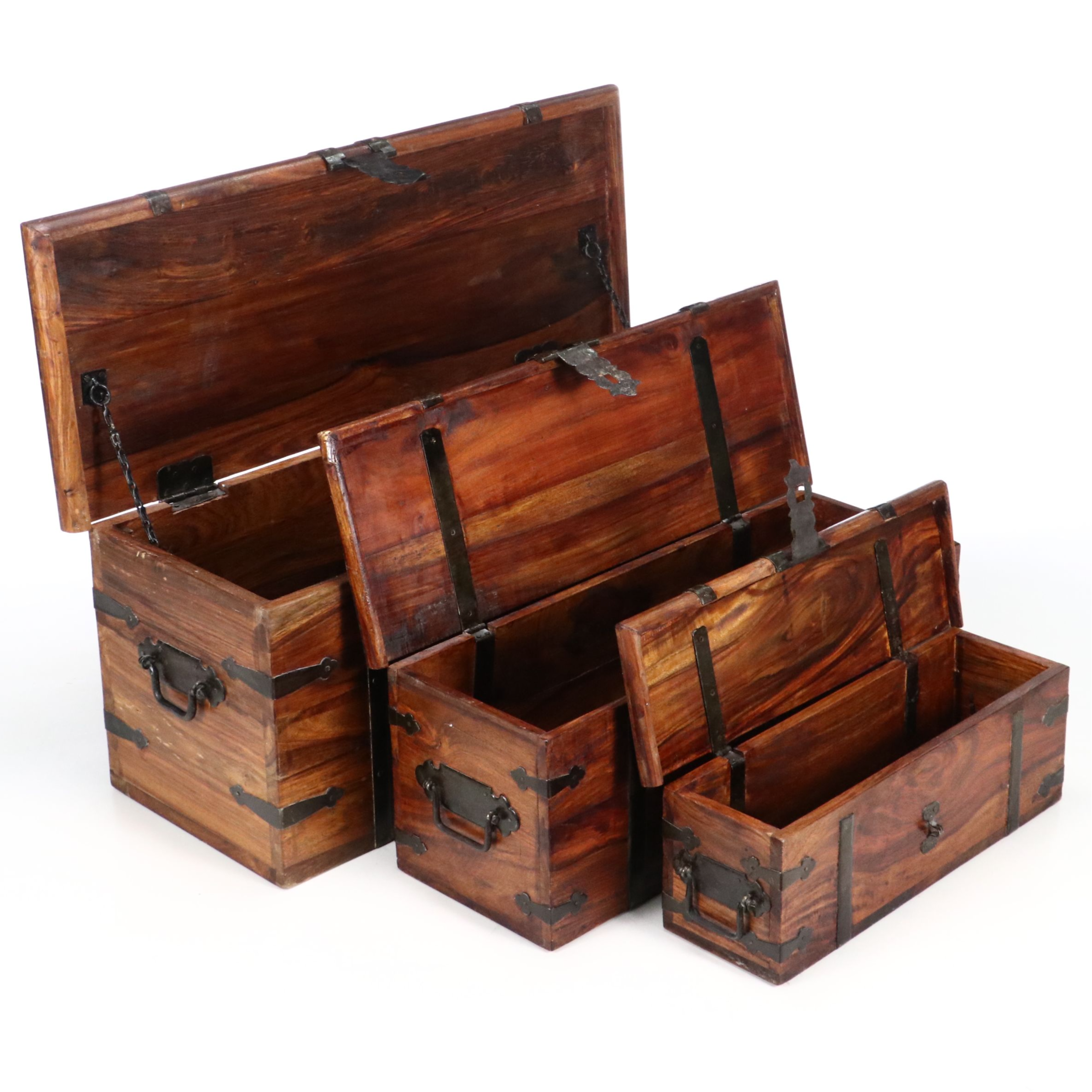 Set of Three Rustic Style Iron Bound Wood Trunks, Late 20th Century