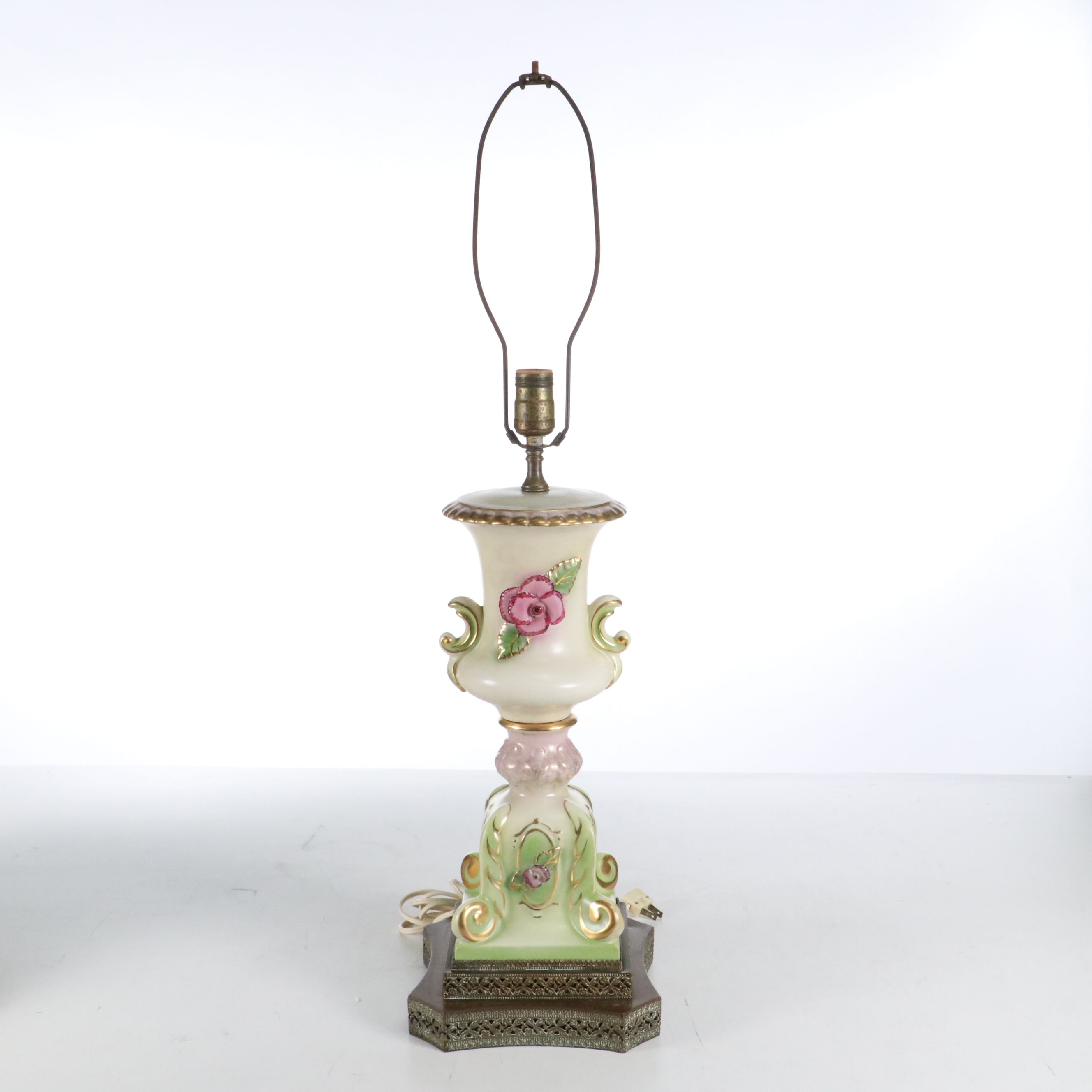 Italian Majolica Ceramic Table Lamp with Victorian Style Silk Scalloped Shade