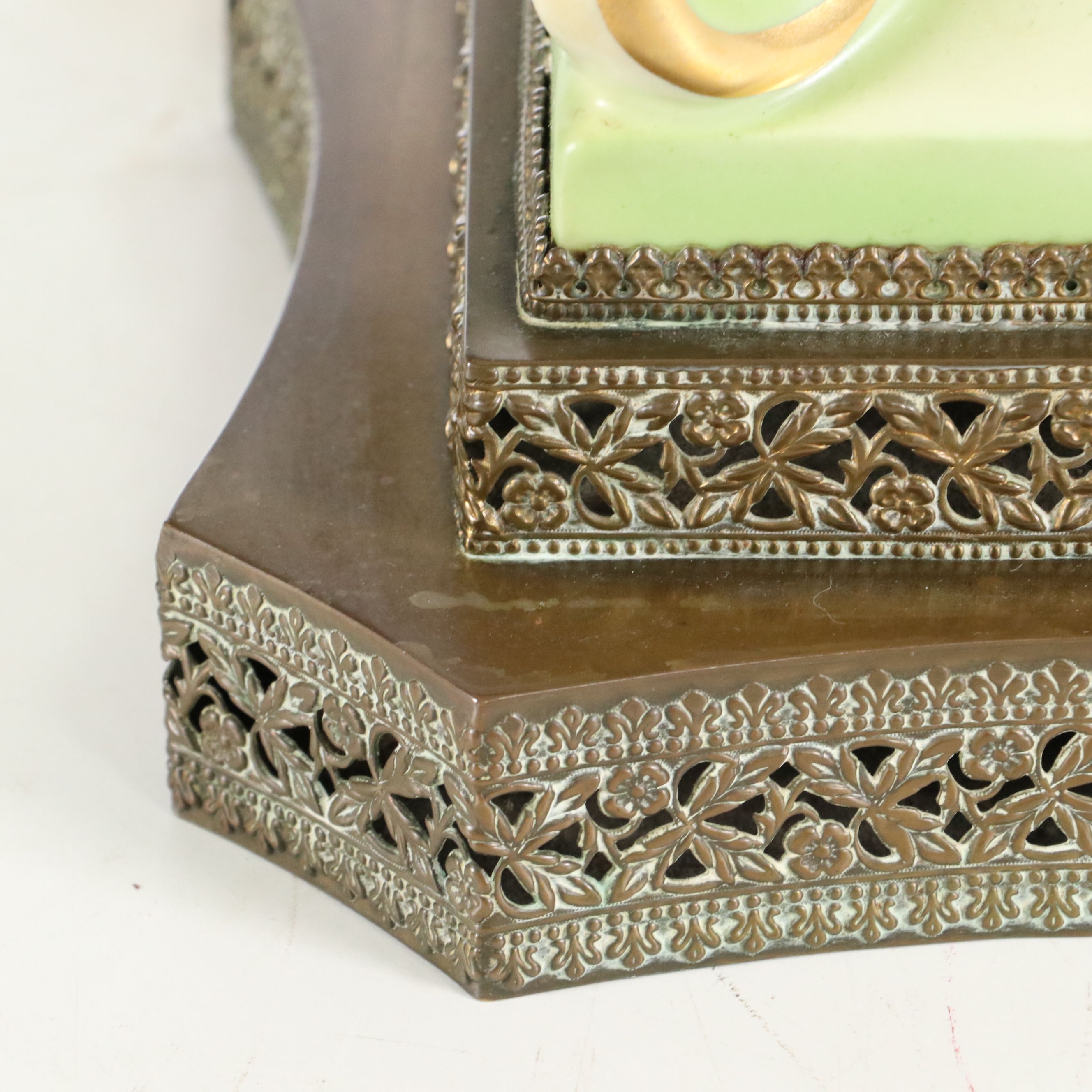 Italian Majolica Ceramic Table Lamp with Victorian Style Silk Scalloped Shade