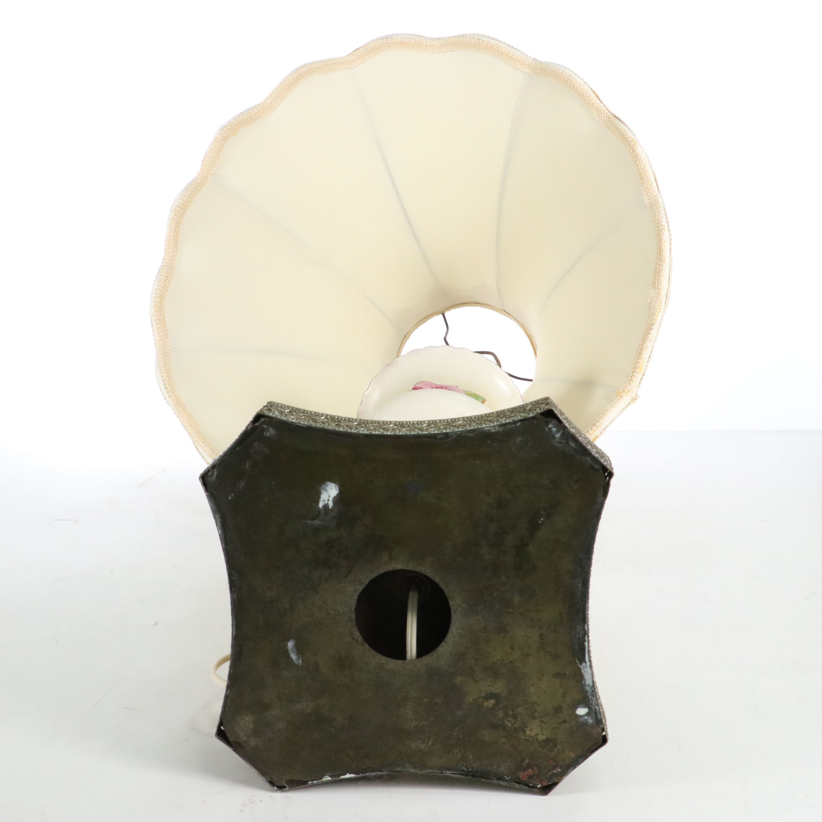 Italian Majolica Ceramic Table Lamp with Victorian Style Silk Scalloped Shade