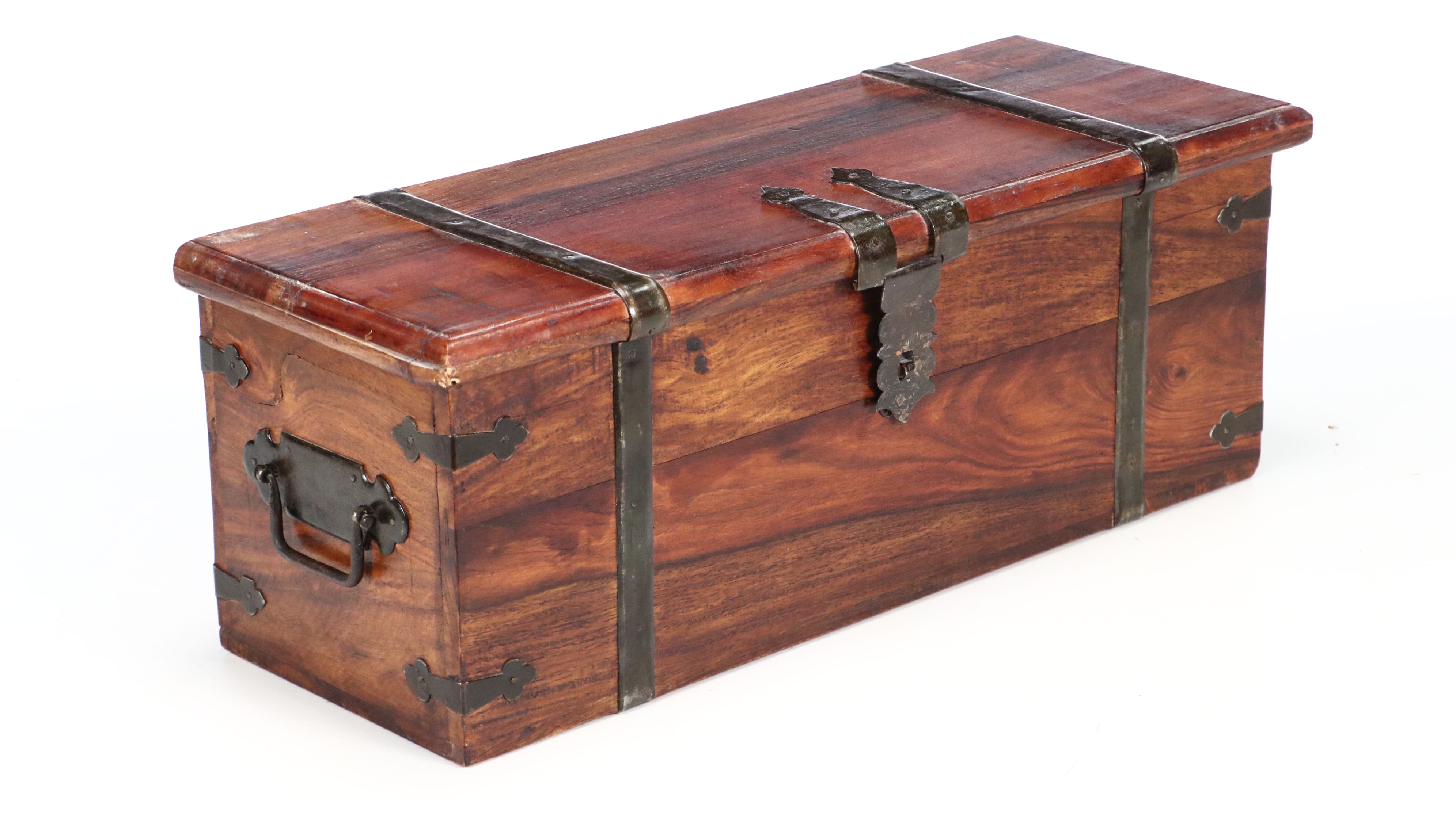 Set of Three Rustic Style Iron Bound Wood Trunks, Late 20th Century