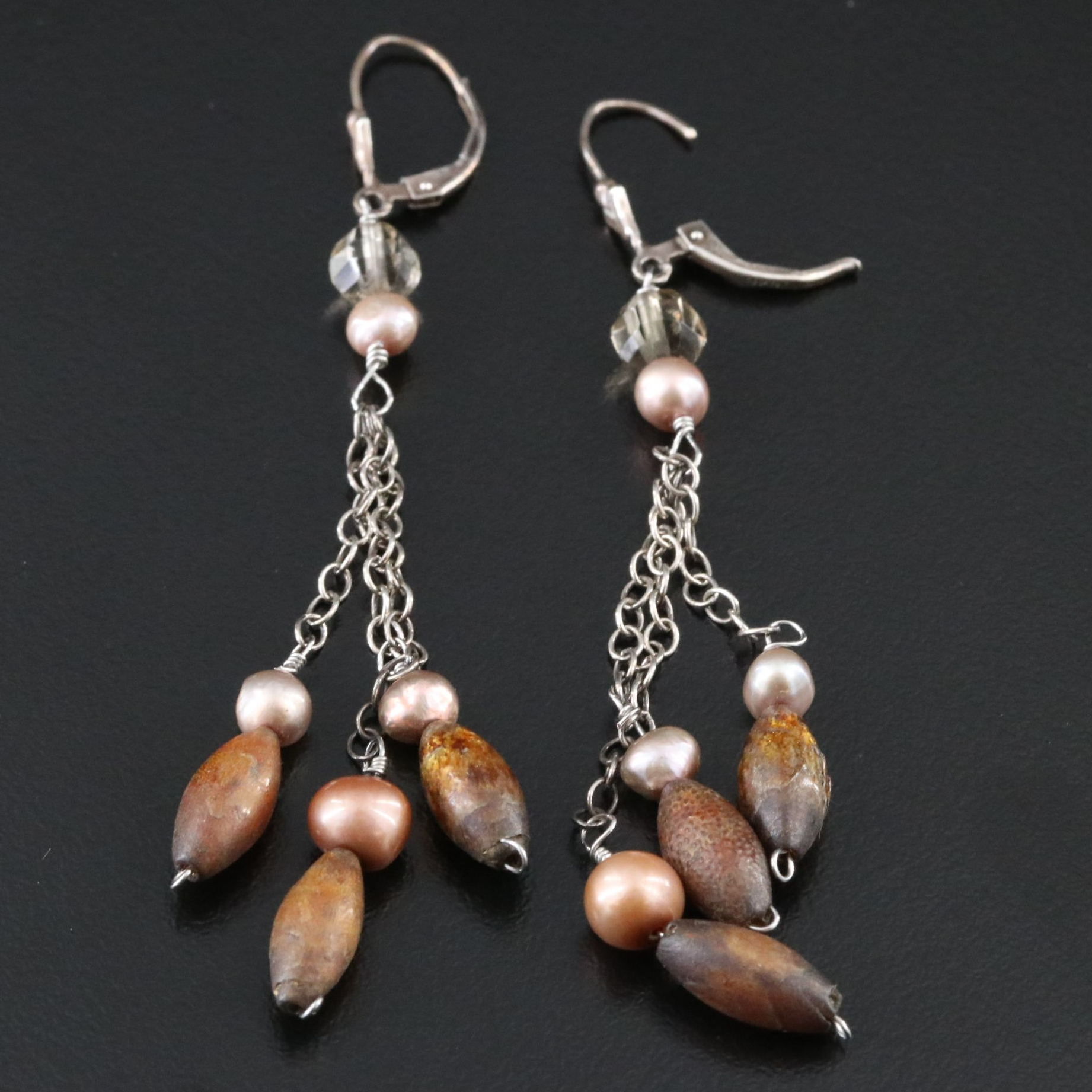 Sterling Pearl , Coral and Glass Chandelier Earrings
