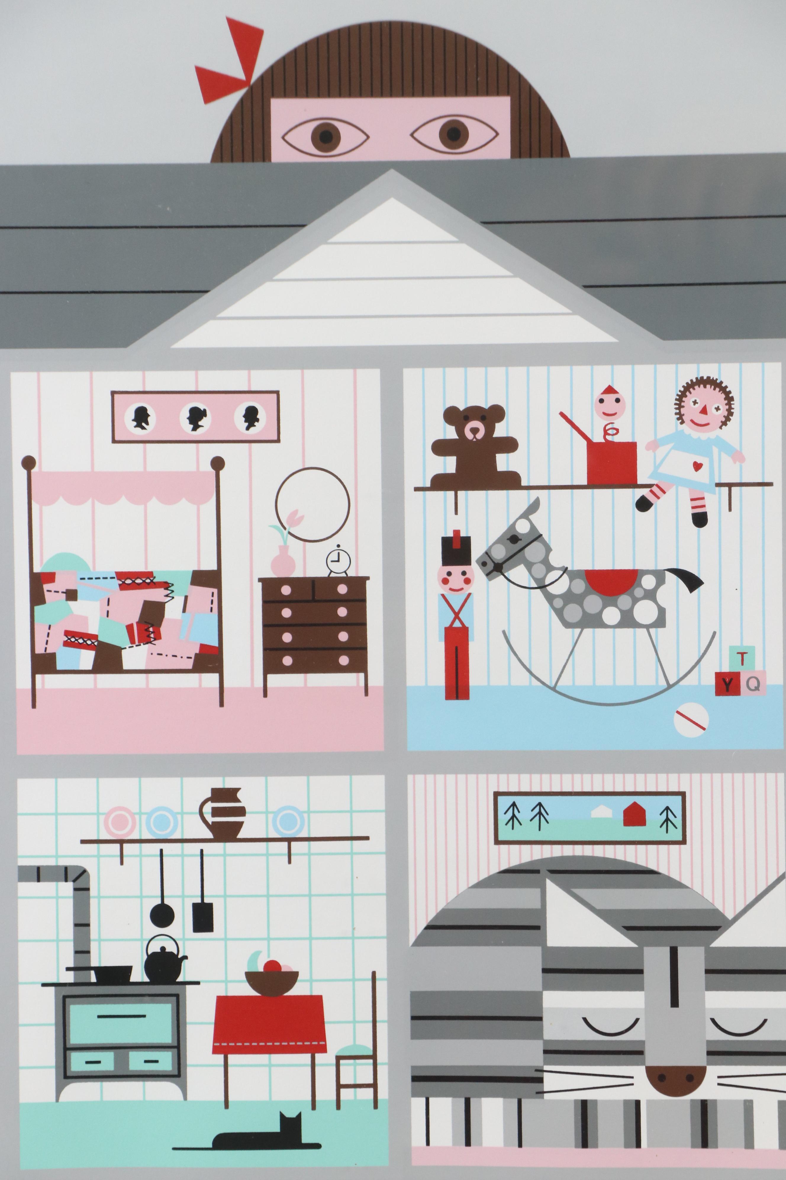 Edie Harper Serigraph "Cat and House," 1985