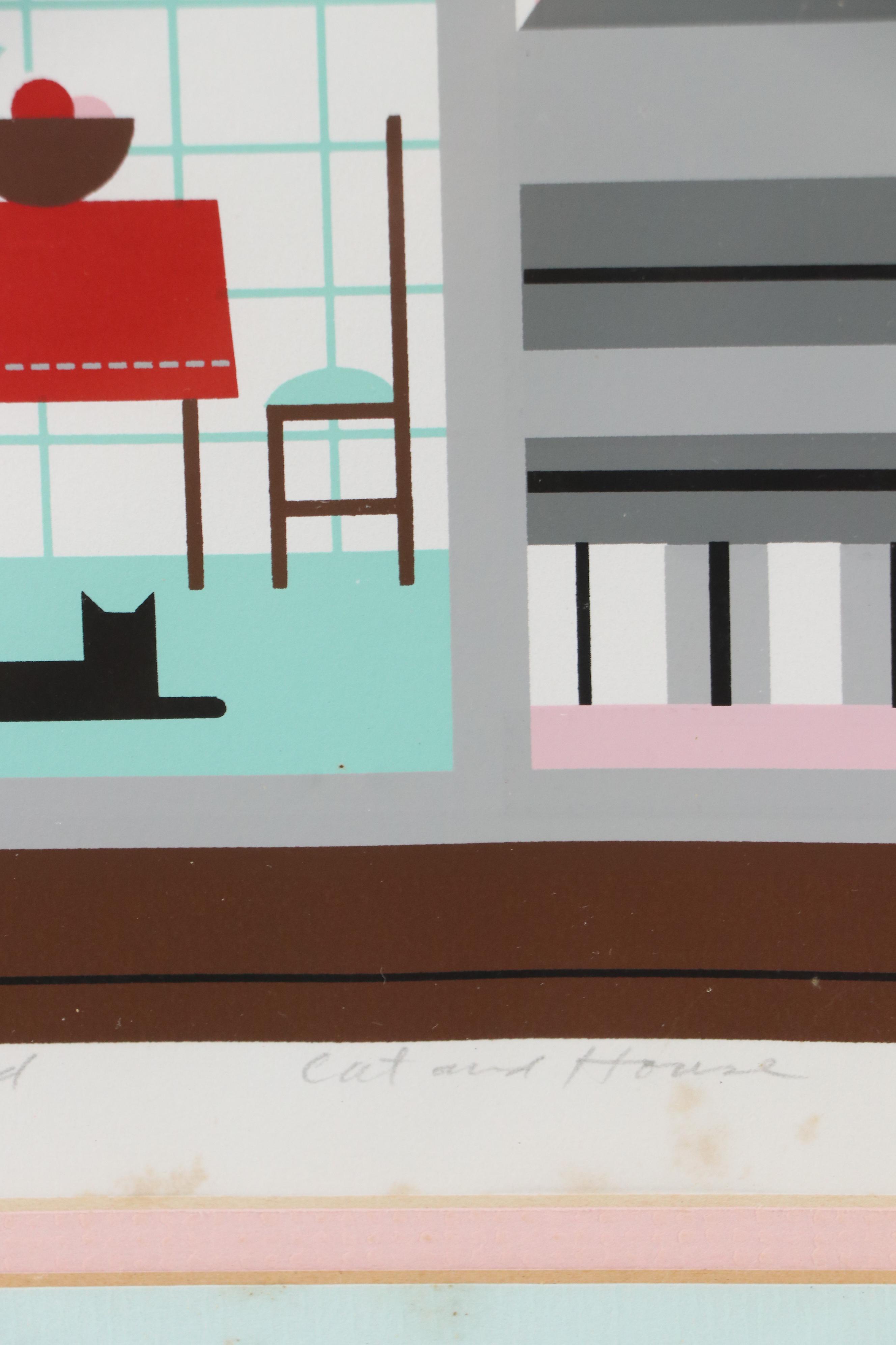 Edie Harper Serigraph "Cat and House," 1985